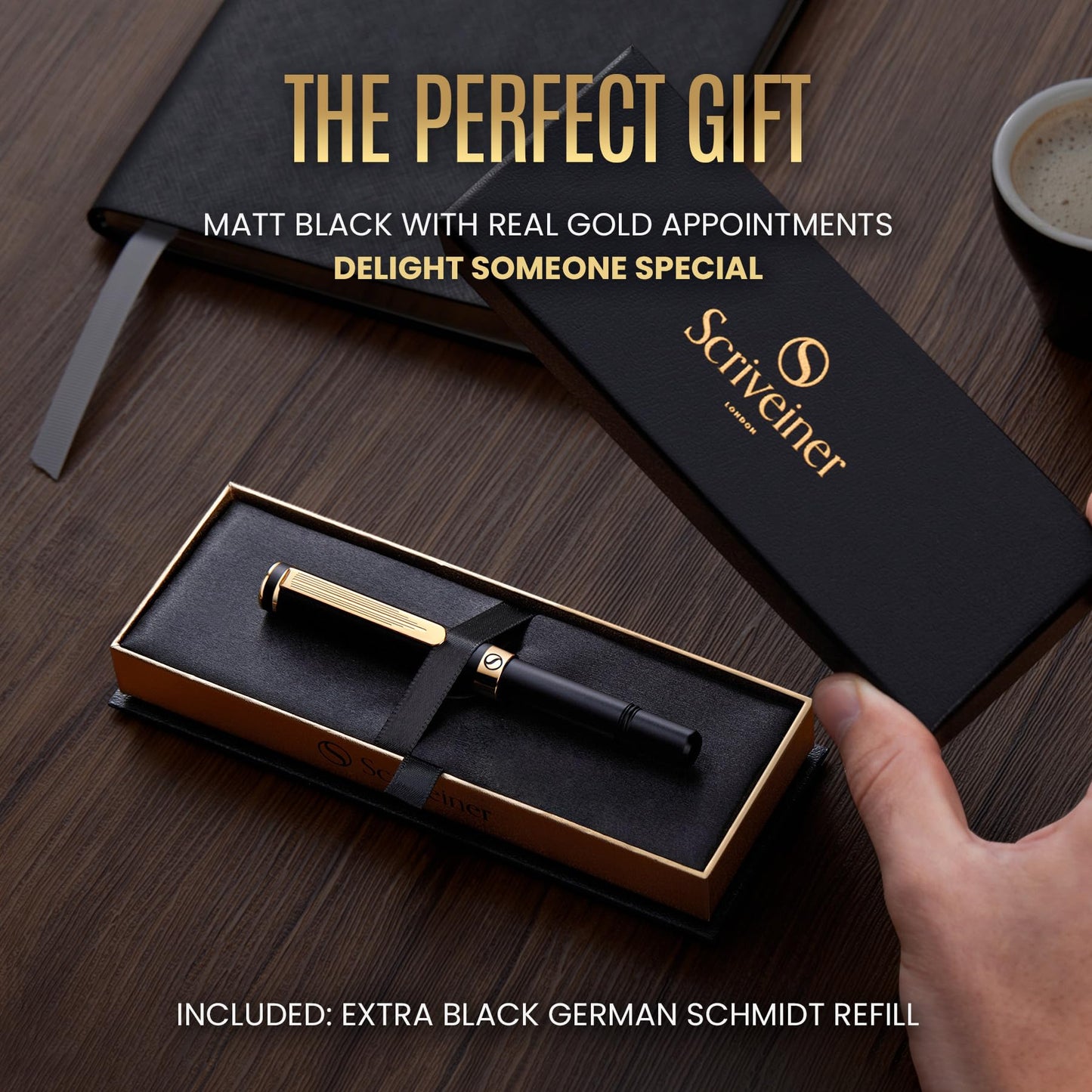Scriveiner Black Rollerball EDC Luxury Pen, Stunning Pocket Pen, Real Gold Plating, Cool Writing Pen, Best Pen Gift for Men, Women, German Schmidt Refill, Nice Present, Fancy Office Designer Pen Set