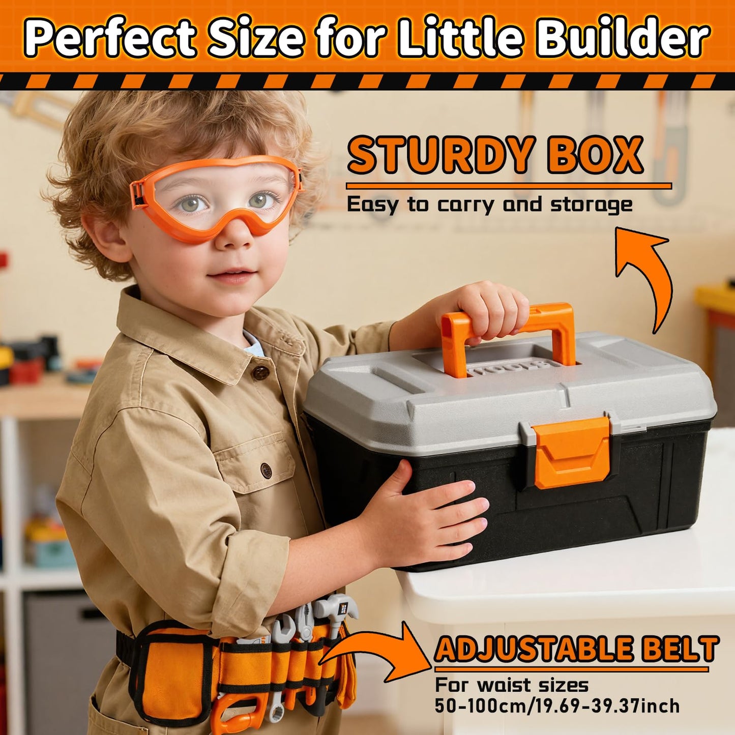 KidBloom Kids Tool Set with Tool Belt, 50 PCS Tool Box with Drill Toy, Construction Tool Toys, Toys for 3 4 5 Year Old Boys Girls Gifts