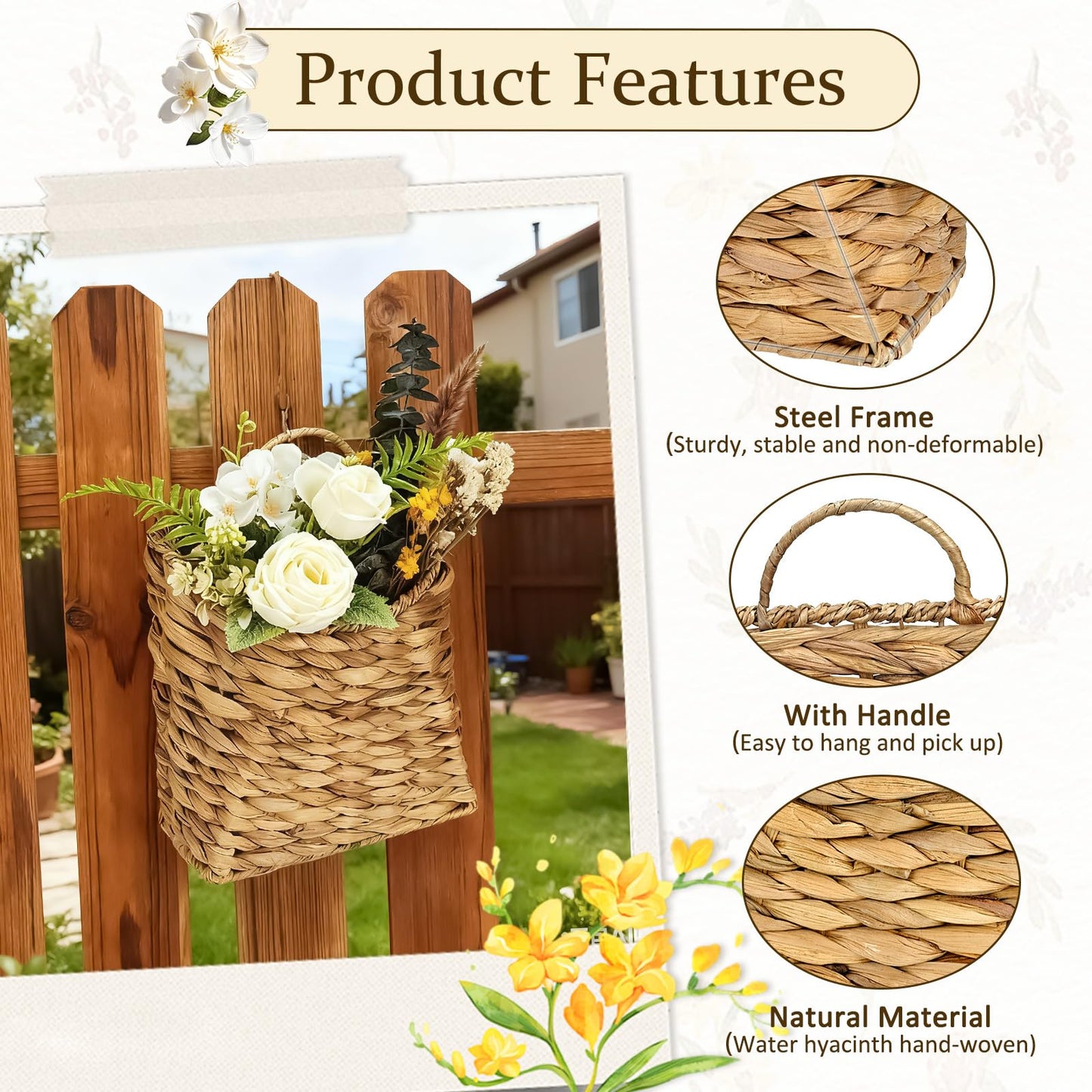 Mounting UP Woven Hanging Basket Water Hyacinth Hanging Basket for Wall Wicker Handmade Storage Flower Baskets for Garden Farmhouse Home Deco