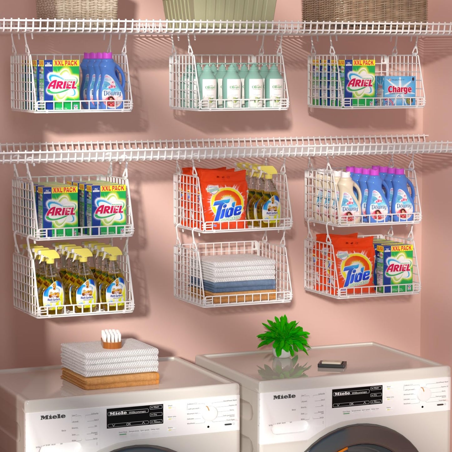 PUPPYCUTE Laundry Room Organization and Storage, Hanging Wire Basket with 360°Rotating Hooks, Over Washer and Dryer Shelves, Laundry Organizers and Storage Basket 3 Pcs, white
