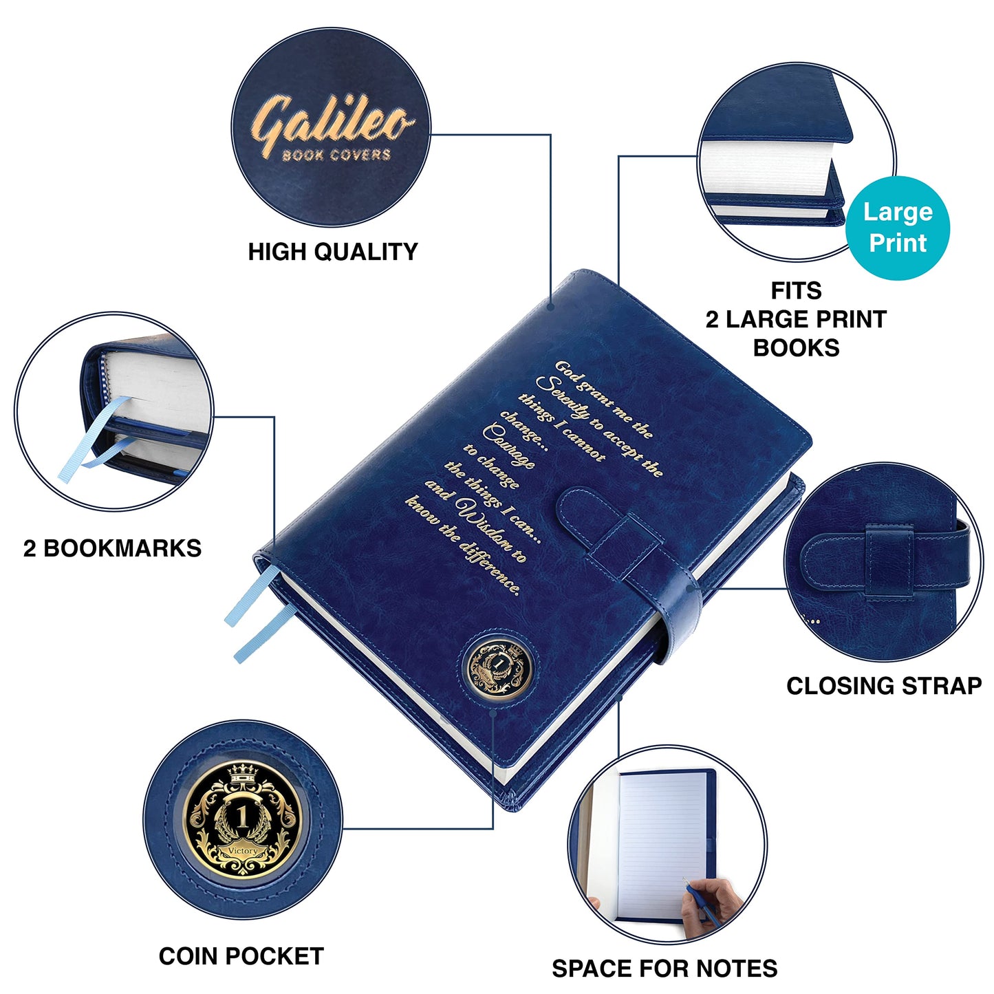 GALILEO® Large Print Double AA Big Book Cover & 12 Steps & 12 Traditions | PU Leather | AA Book Covers for Hardcover | AA Gift | Alcoholics Anonymous | Serenity Prayer (Large Print/Navy Blue)