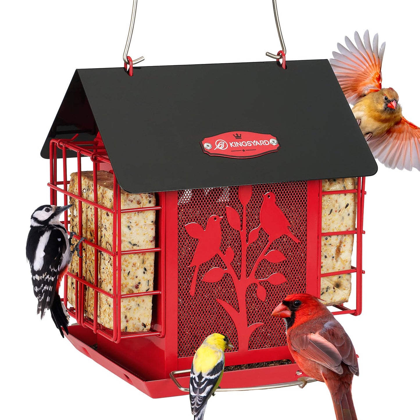 Kingsyard Bird Feeder for Outdoor Hanging, All Metal, Wild Bird Feeder with Double Suet Cages, Seeds Tray & Rainproof Roof, 3 LBS Large Capacity, Red