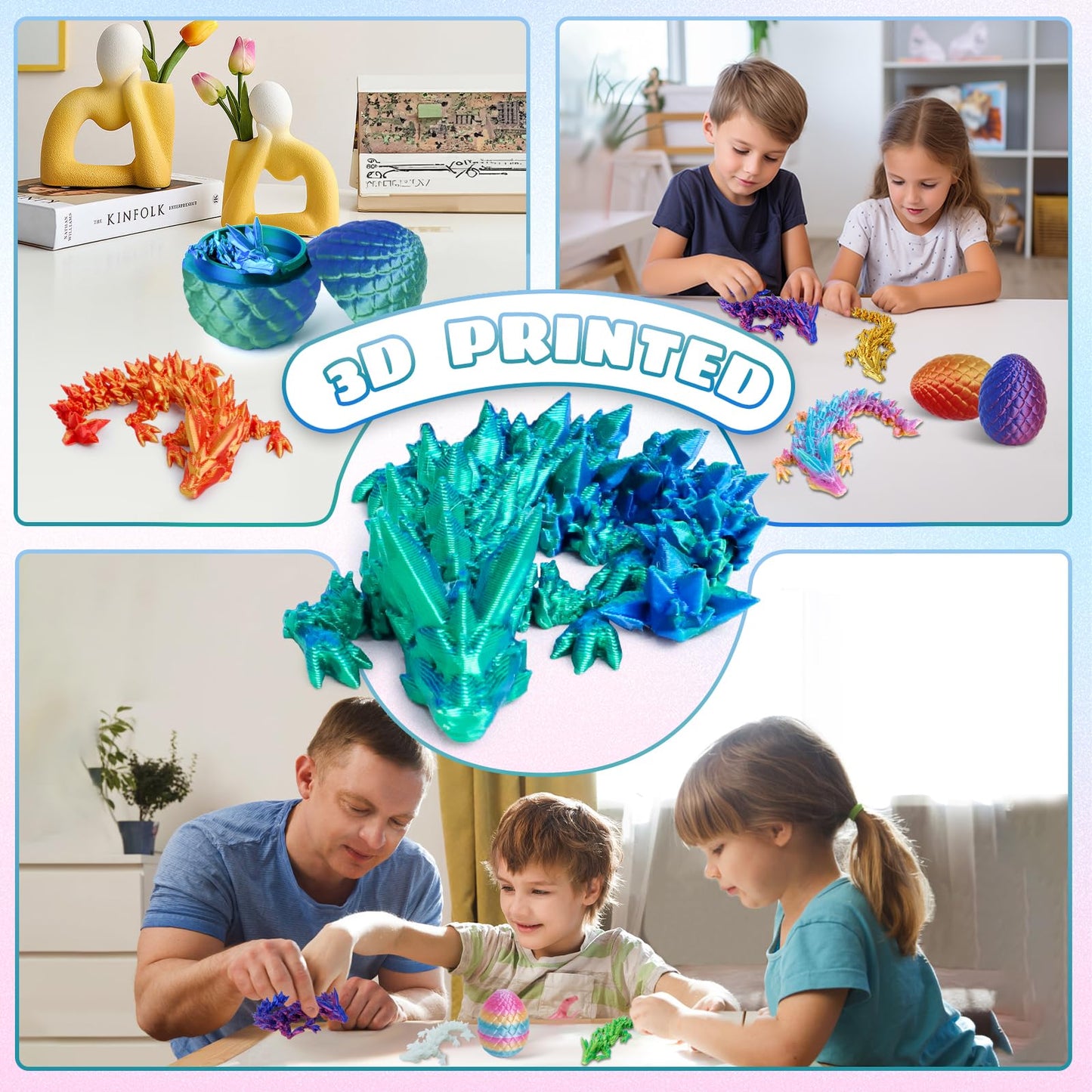 4 Pack 3D Printed Dragon Easter Basket Stuffers, Small Eggs with Dragon Inside, Articulated Crystal Dragon Fidget Toy, Desk Pet, 3D Printing Home Decor (Blue+red+Green+Glow in The Dark)