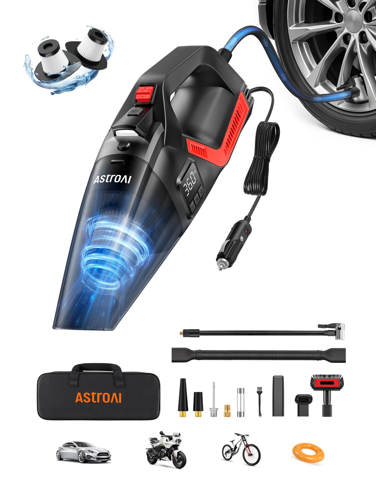 AstroAI 4-in-1 Car Vacuum Cleaner and Tire Inflator, Handheld Vacuum with Air Compressor, Digital Dual Values Display, 150 PSI Car Tires Air Pump with LED Light, 12V DC, 16.4FT Cord for Auto