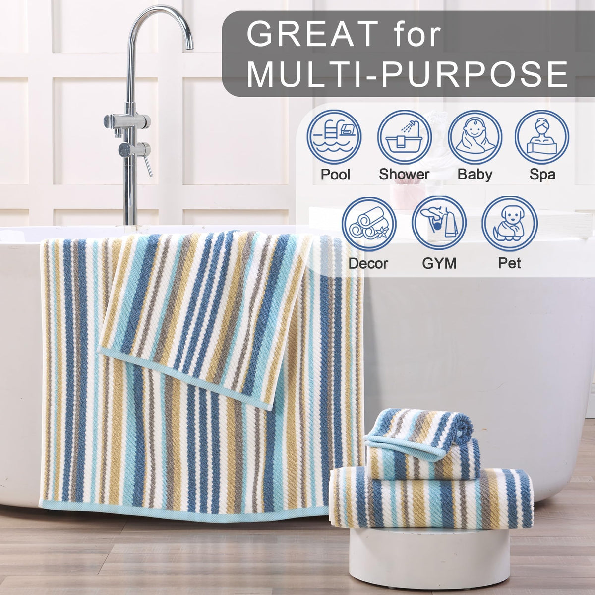 Striped Hand Towels Set (4PC, 16"x27") - 100% Cotton | Quick Dry | Soft | Absorbent, Light Weight Hand Towels for Showering & Bathroom, Luxury Towel Set for Guest, Blue + Gray + Beige Stripes