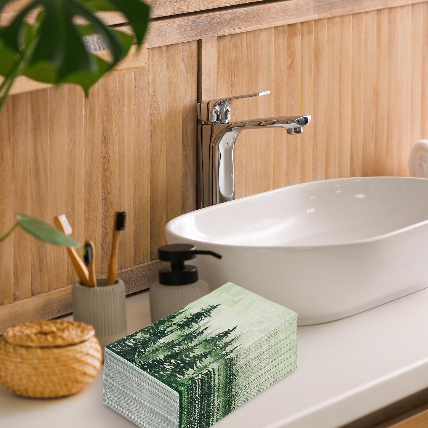 JarThenaAMCS 100Pcs Green Misty Forest Guest Napkin Woodland Disposable Paper Napkin Pine Tree Dinner Hand Towel Napkin for Home Kitchen Bathroom Holiday Party Supplies