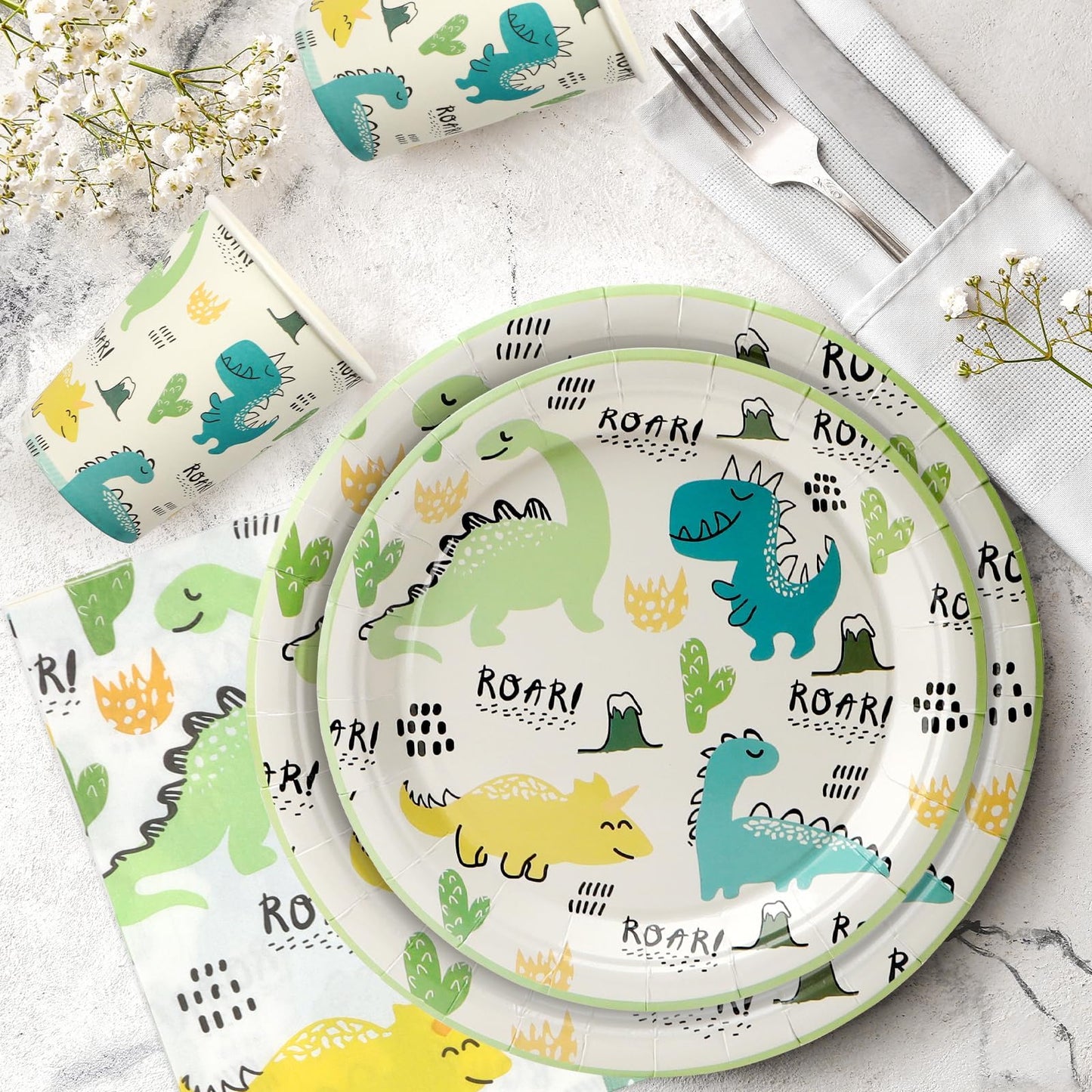 UVTQSSP 96 Pcs Party Plates and Cups and Napkins Sets, Dinosaur Theme Birthday Plates and Napkins Party Supplies, Disposable Tableware Sets, Serve for 24 Guests, Roar Dino, Cute