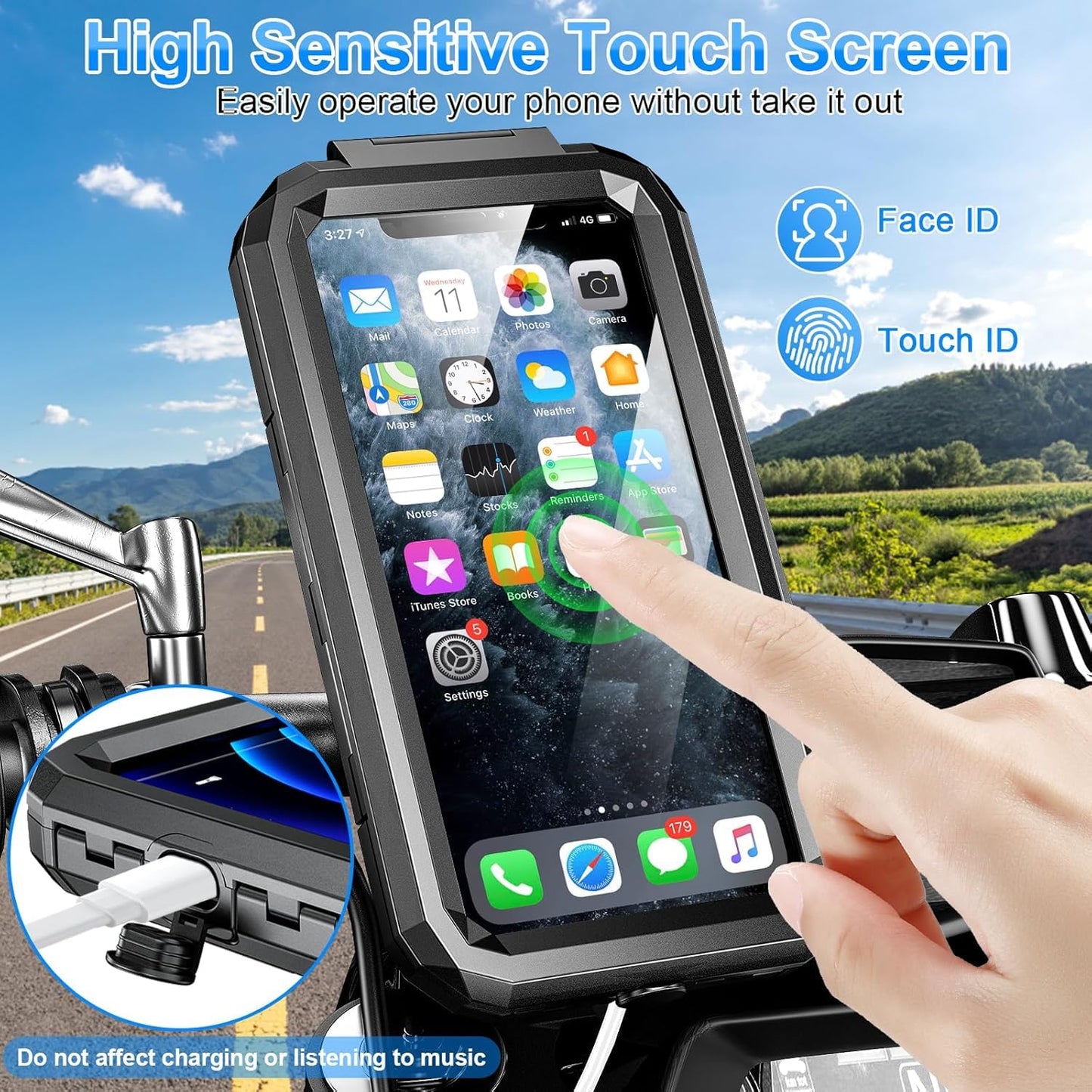 Bike Phone Holder Waterproof Motorcycle Phone Mount Holder Handlebar 360°Rotate Touch Screen Bicycle Cell Phone Holder, Anti-Shake Scooter Stroller Ebike Golf Cart Phone Clip for 5.5-7" Smartphone