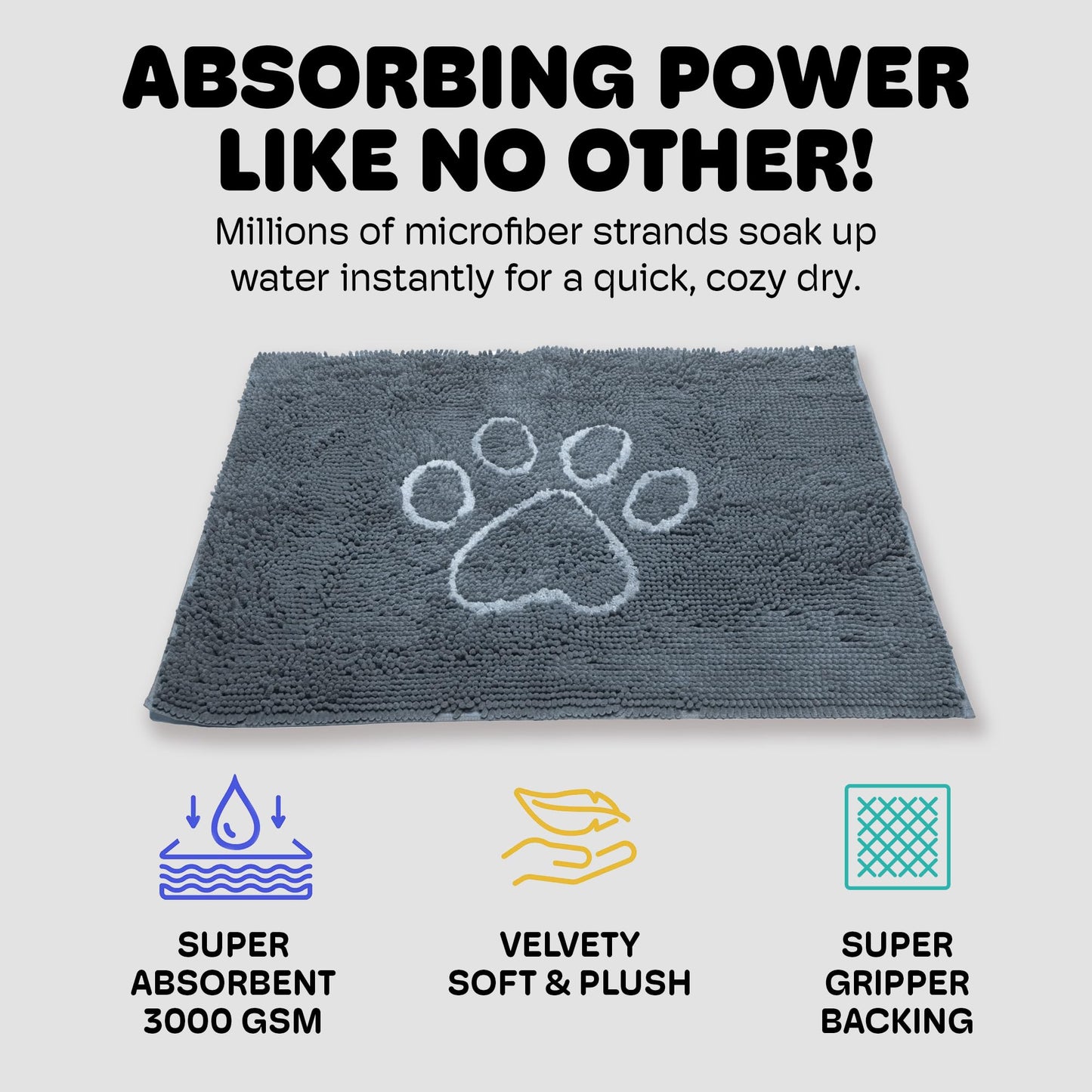 Dog Gone Smart Dirty Dog Doormat Cute Paw Print Ultra Water Absorbent Fast Drying Microfiber Small, Medium, Large and Runner Heavy Non-Skid/Slip Backing Machine Wash, Rain Snow Muddy Wet Shoes & Paws