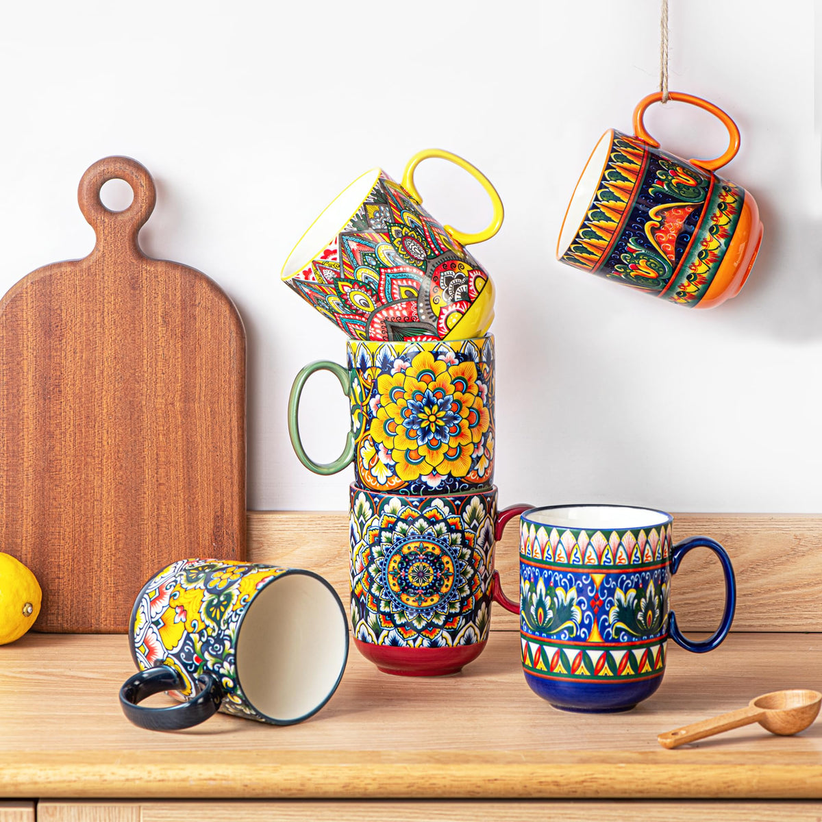 Henten Home Porcelain Coffee Mug Set of 6, 14 oz Colorful Latte Cup with Handle, Boho Ceramci Mug for Hot Chocolate, Milk, Tea, Cappuccino, Cocoa, Microwave & Dishwasher Safe