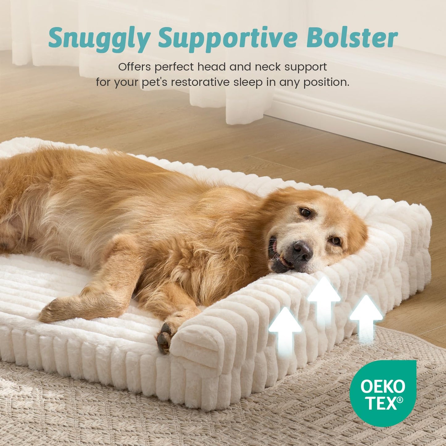 COZY KISS Cute Dog Bed for Large Dogs, Faux Fur Orthopedic Foam Dog Bed with Sides, Removable Washable Cover & Waterproof Lining, Comfortable Pet Couch, Cream (44" L x 32" W x 7" Th)
