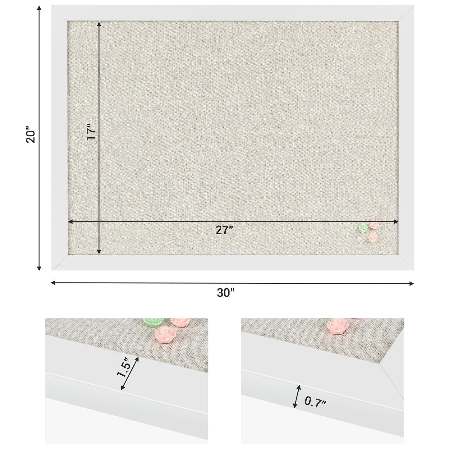 Board2by White Cork Board Bulletin Board with Linen, Wood Framed 30" x 20" Corkboard, Office Board for Wall Decor, Wall Mounted Pin Board Picture Board with 20 Pushpins for School, Home & Office