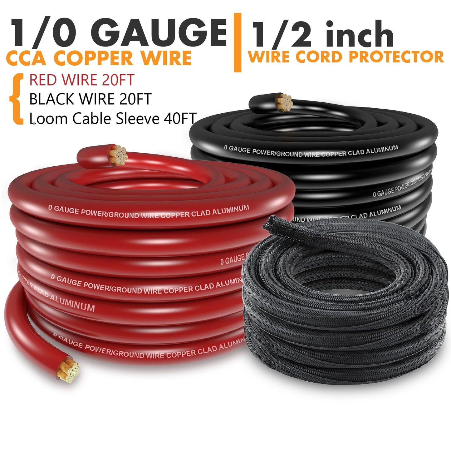 0 Gauge Wire，Car Amplifier Power Ground Wire Kit，Battery Cable，Automotive Wire, Welding Cable, Primary Wiring, Amp Install Wiring Kit with Lugs Terminal ANL Fuse Heat Shrink Tube and Loom Cable Sleeve