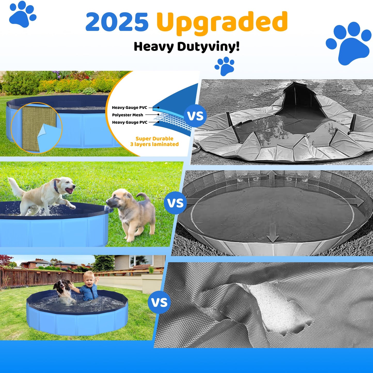 CACSPS 63" x 12" Foldable Dog Pool - Collapsible Hard Plastic Kiddie Pool for Dogs & Kids, Non-Slip Pet Bath Tub for Outdoor Backyard Use, Lightweight & Portable (Blue)