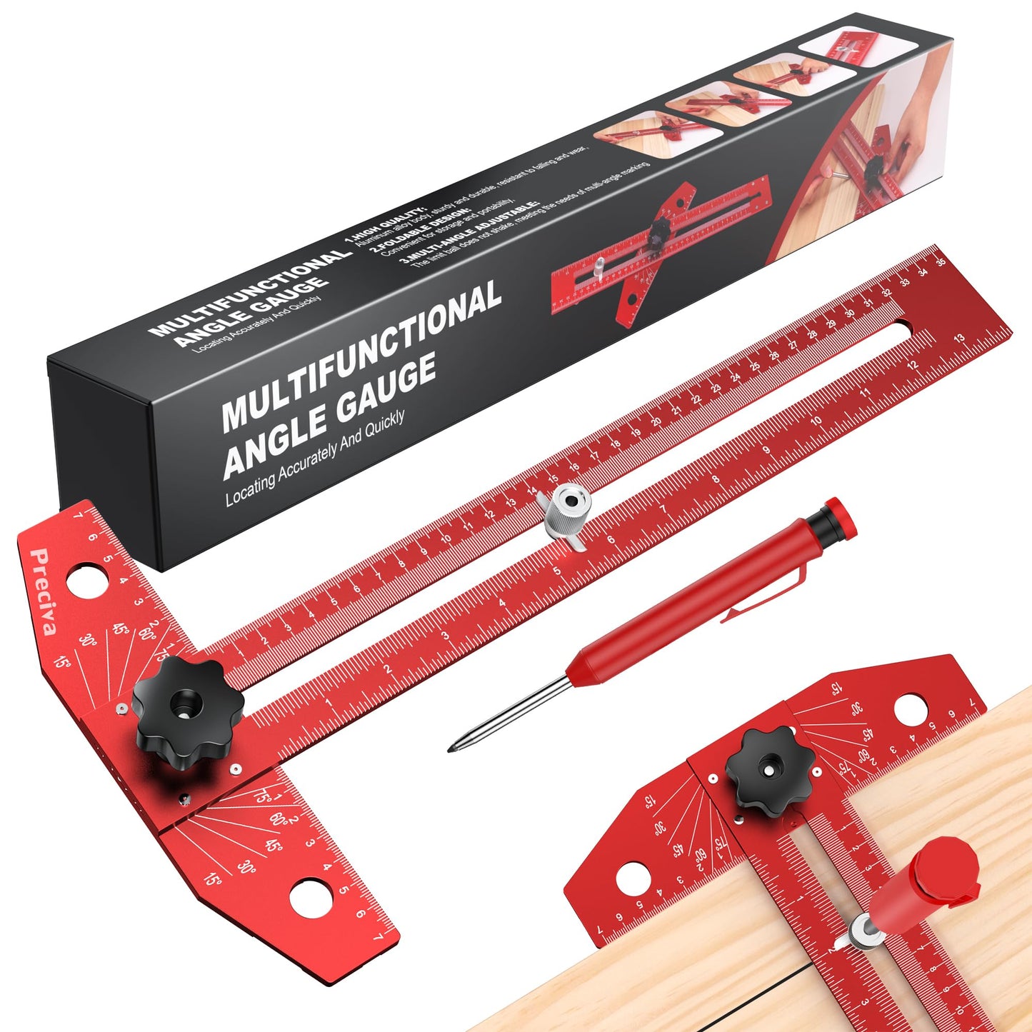 Preciva 13” Carpenter Square Ruler (1/16" Scale) - Foldable Aluminum Alloy T Square Ruler with Imperial and Metric Scales, Multi-Purpose Woodworking Square for Measure Angles, Position, Draw Lines
