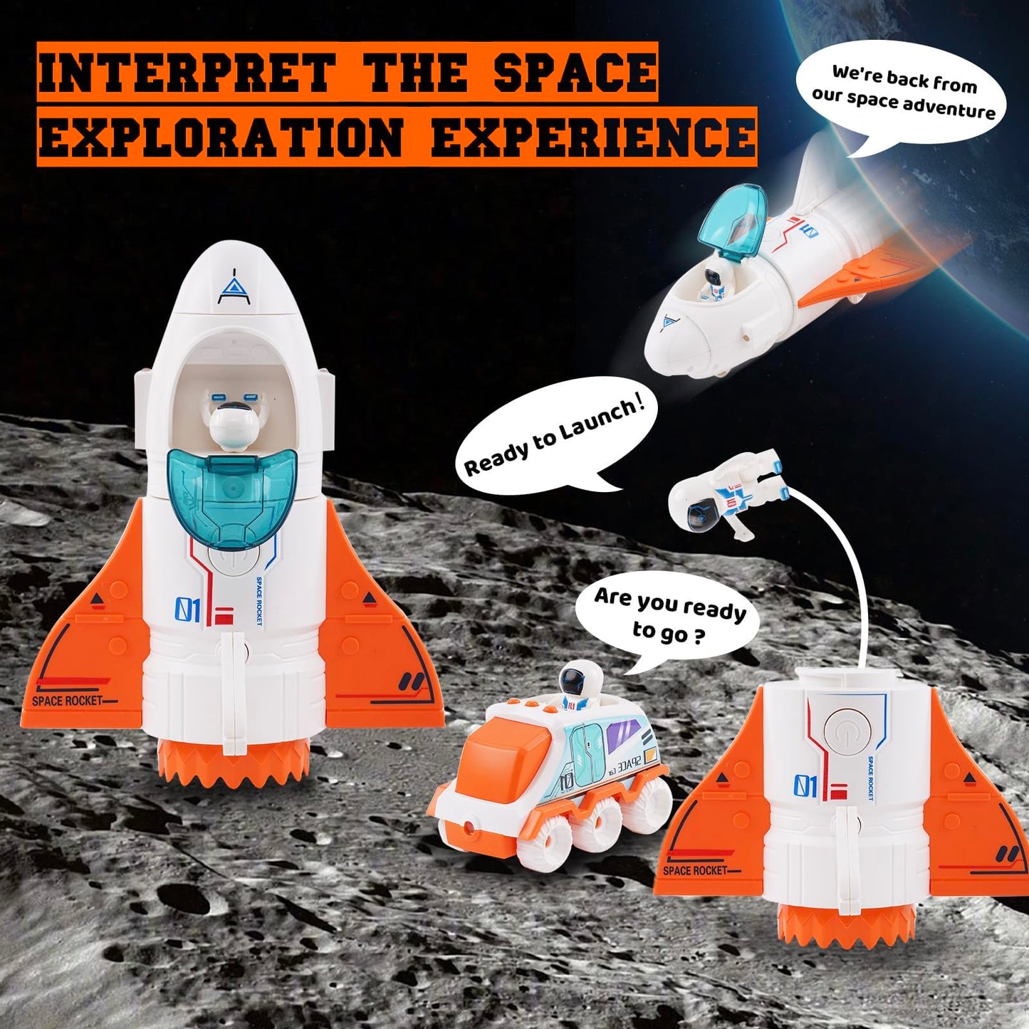 Spaceship Toy for Boys, Space Shuttle Toys with Sound, 3 Astronauts Figure, Openable Cockpit, Spray Exhaust, Venture Space Playset with Lunar car (Orange)