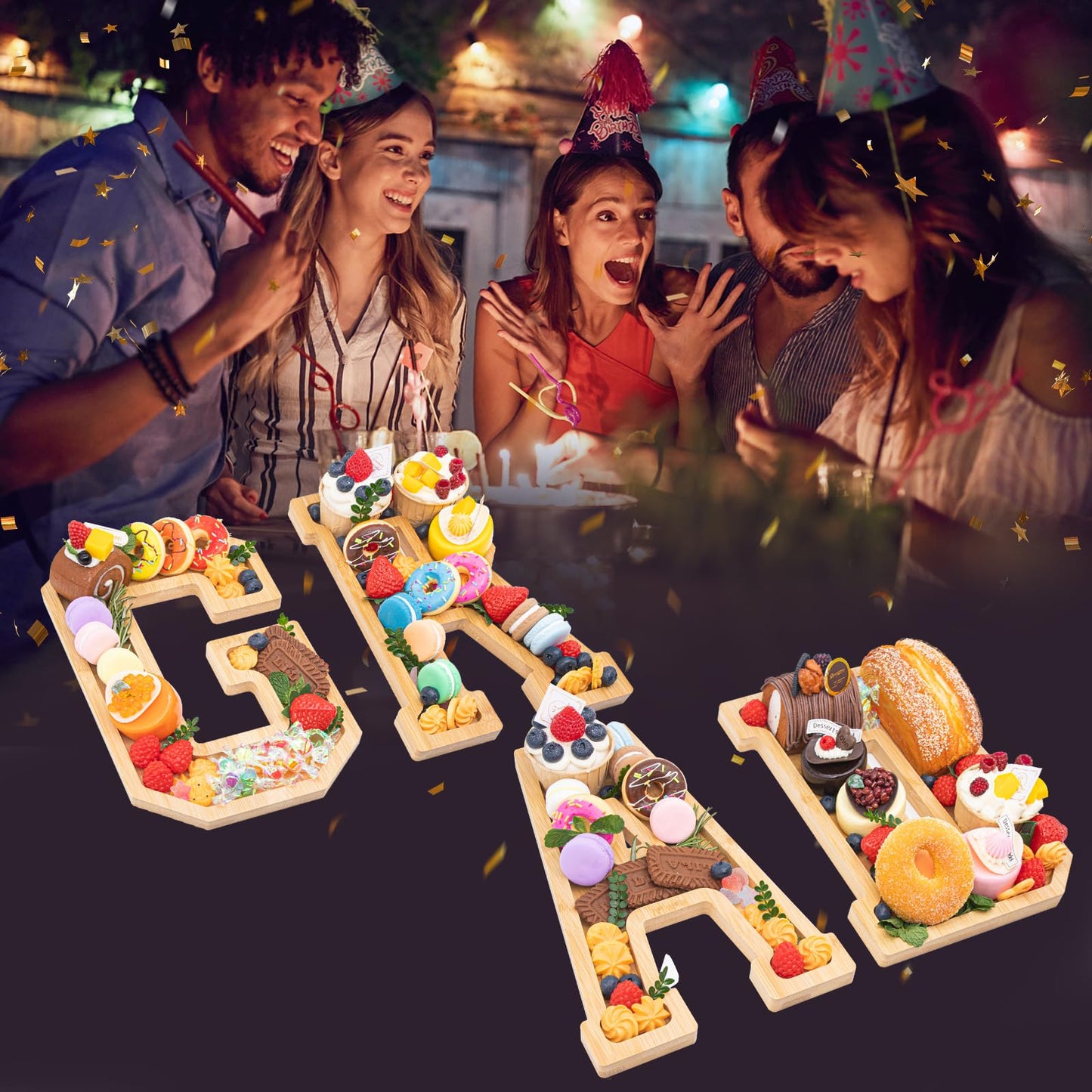 4PCS Wooden Graduation Decorations Number Charcuterie Board Box-(with 14 Balloons) Grad Charcuterie Numbers Fillable Food Graduation Party Supplies Suitable for 2026 Party Decoration