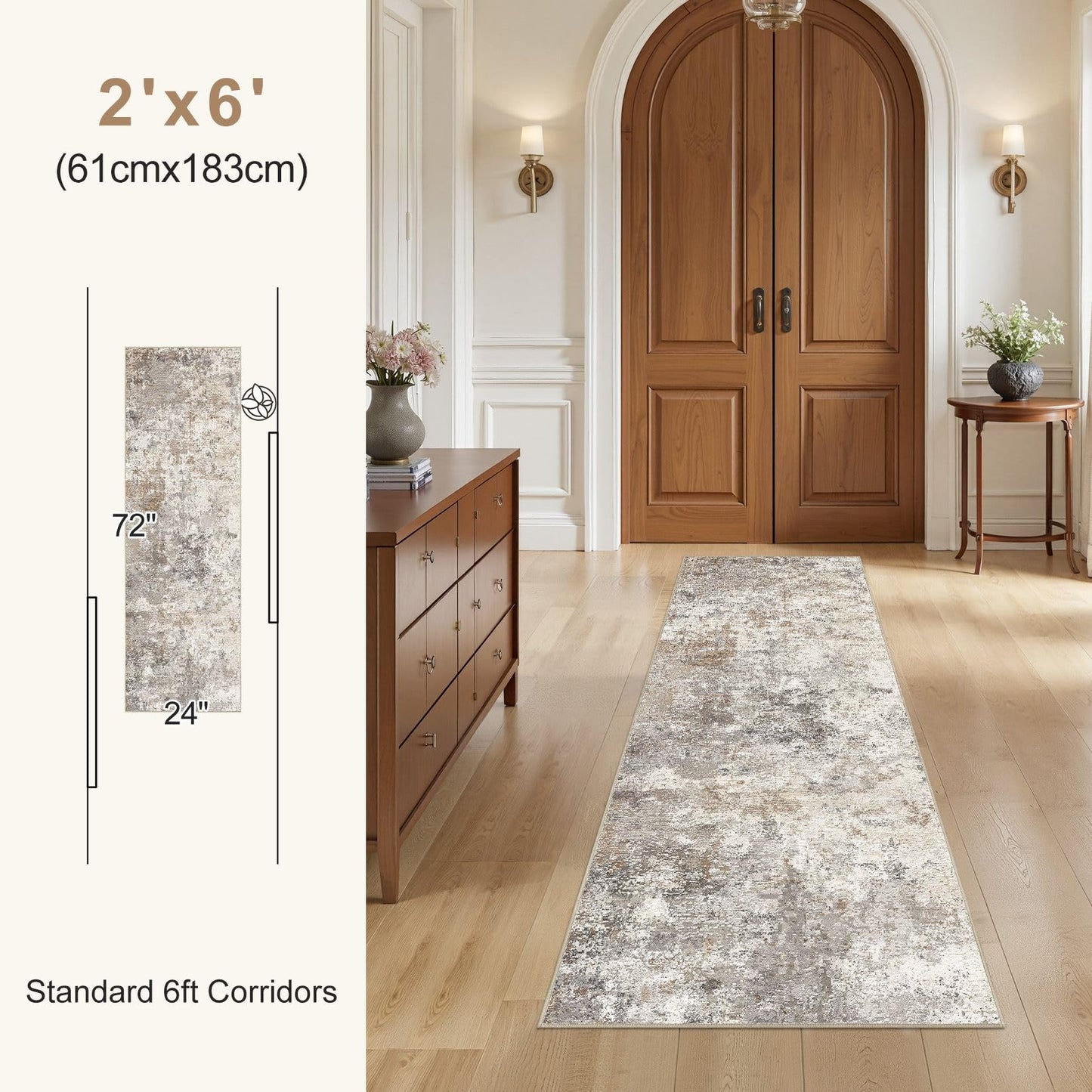 UERMEI 2x6 Washable Runner Rug for Hallway, Non Slip Low Pile Kitchen Carpet, Neutral Modern Abstract Indoor Floor Mat for Entryway Laundry, Kid & Pet Safe High Traffic Area, Brown Grey