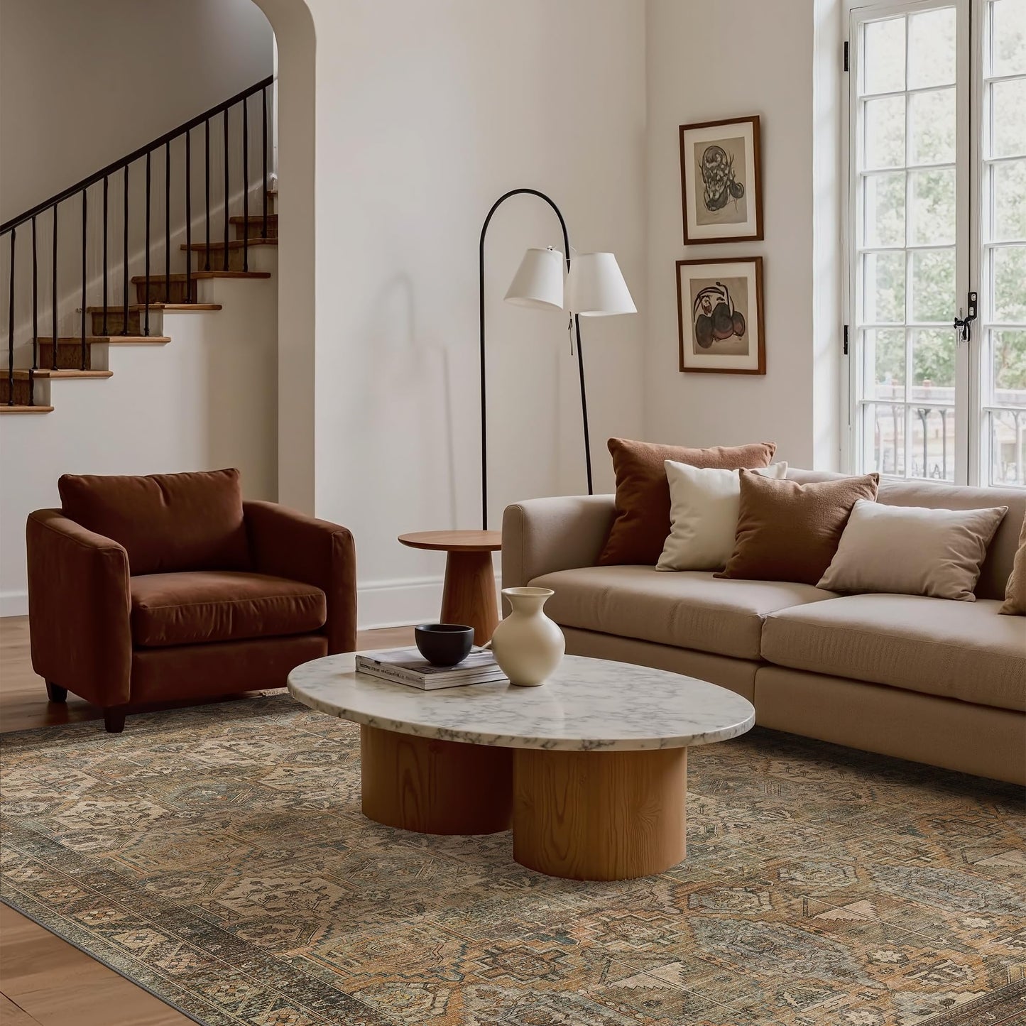 Bavni Area Rug 5x7 Washable Rug for Living Room Bedroom Dining, Washable Vintage Distressed Print Carpet, Ultra-Thin Chenille Low Pile Lightweight Rug with Non Slip Backing, Sepia