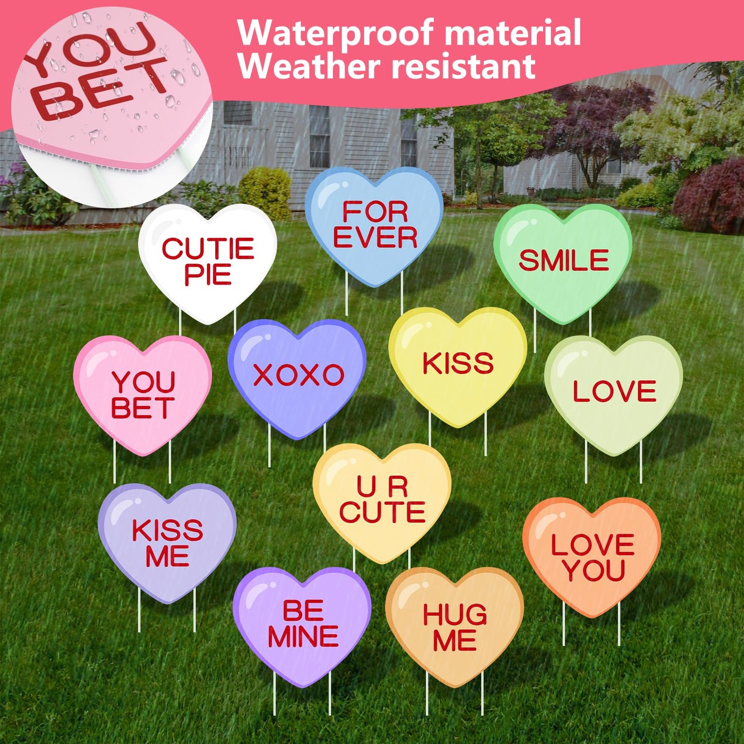 Arosche Valentines Day Yard Signs 12pcs with Stakes Candy Hearts Conversation Garden Decorations Outdoor Holiday Welcome Signs for Valentines Day Party Supplies, Lawn, Pathway Yard Decor