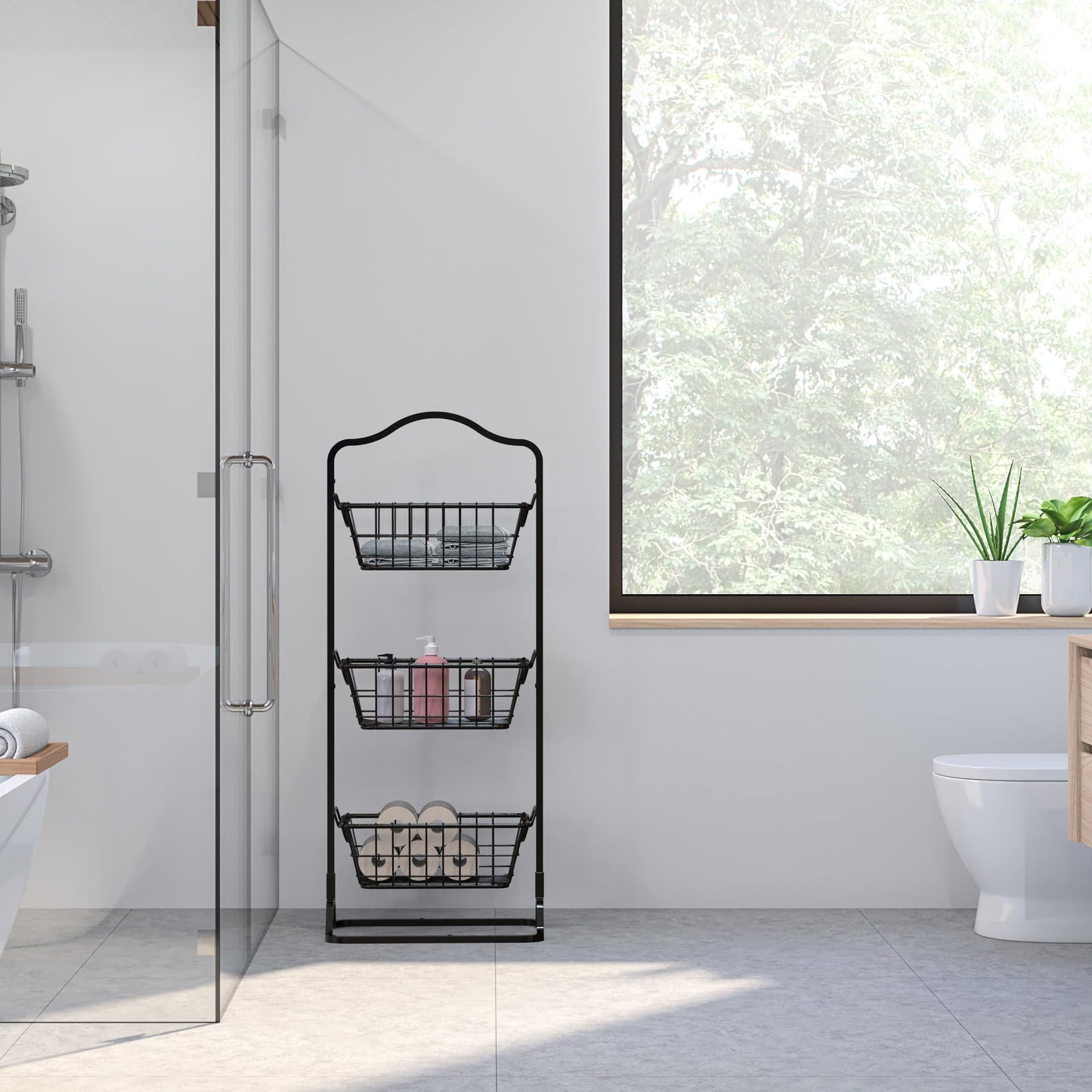 Simple Houseware 3-Tier Rigid Wire Market Fruit Basket Stand Organizer Shelf, Large 45x34x125cm, Black