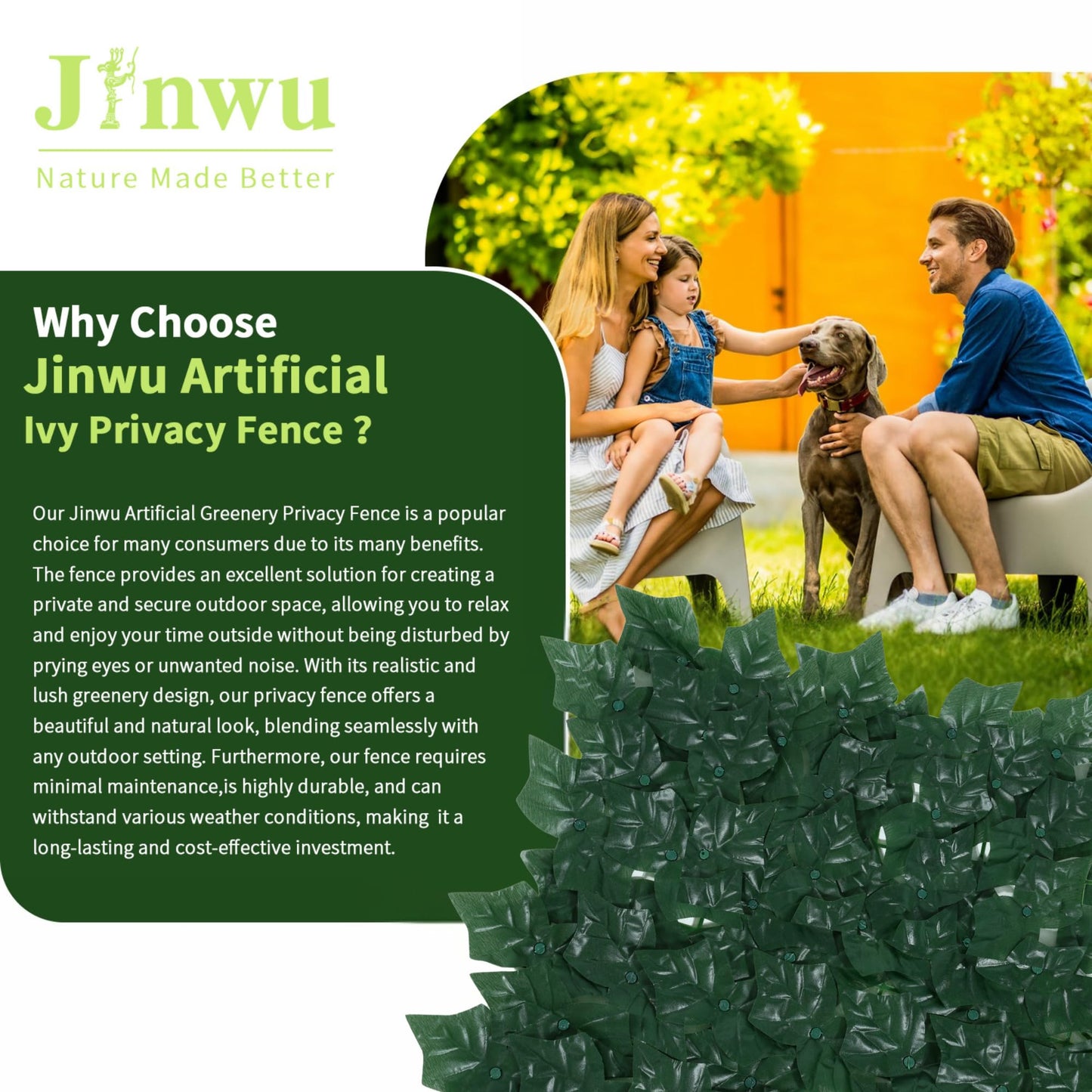 Jinwu Artificial Ivy Privacy Fence Screen, 100x300cm Artificial Faux Ivy Hedge, Expandable Faux Privacy Fence with 80 pcs Zip Ties Decoration for Wall Screen, Outdoor Garden, Wedding Decor