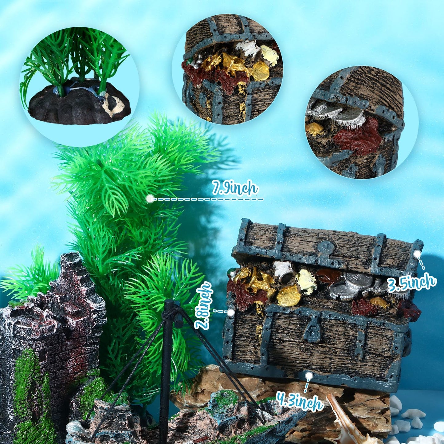 Wenqik Aquarium Decorations Large, Resin Sunken Shipwreck, Undersea Treasure Chest, Ancient Castle Ruins Tunnel House, Simulated Artificial Water Plants, Fish Shrimp Cave Hide for Fish Tank, Safe