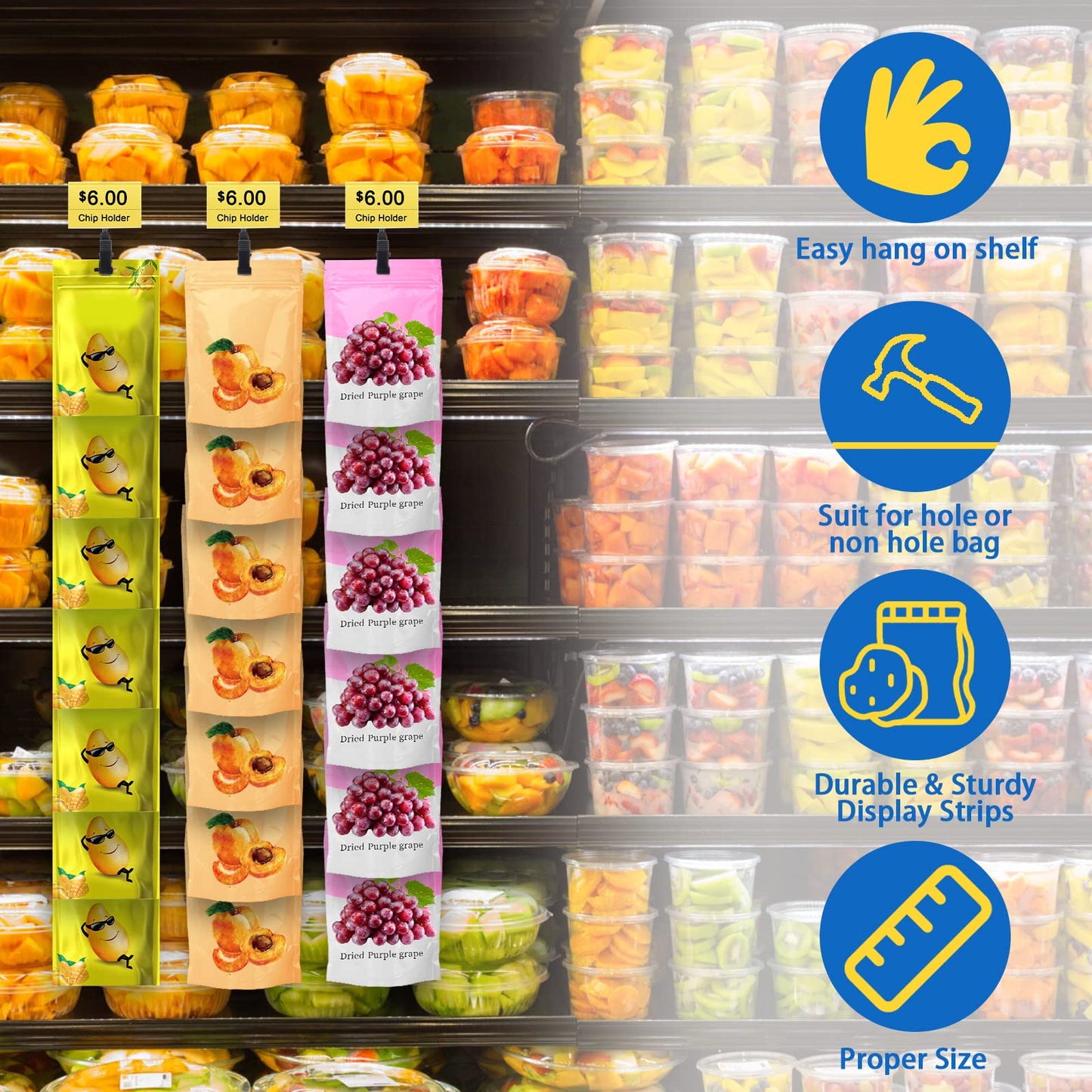 6 Packs Merchandise Hanging Strips with Hooks,Metal Chip Retail Display Strips, Merchandise Display Hanging Strips with 6pcs Label Plate and a Phillips Screwdriver