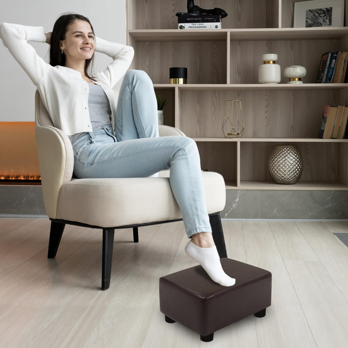 CAROLMADE Small Foot Stool Ottoman PU Footstool with Legs Foot Rest for Living Room Bedroom and Office, Brown