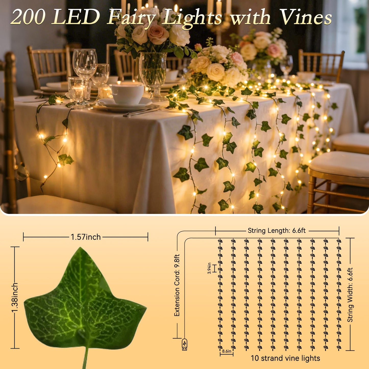 Soagrc Ivy Vines with Fairy Lights, 200 LED Vine Lights with Remote and 8 Lighting Modes, Ivy Curtain Lights for Dorm Wall Wedding Party Garden Decor, 6.6ft x 6.6ft