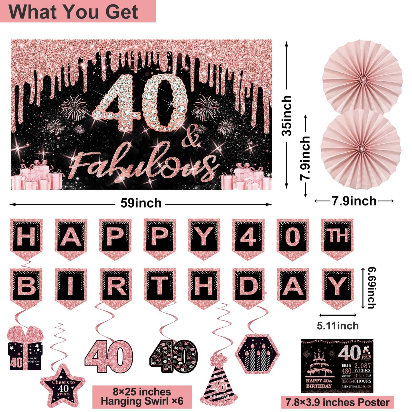 40th Birthday Decorations for Women,32pcs 40th Birthday Party Decorations,Including Backdrop, Crown,Sash,banner, Hanging Swirl,Cake Topper,balloons,Paper Fans,Anniversary Card and paper fans