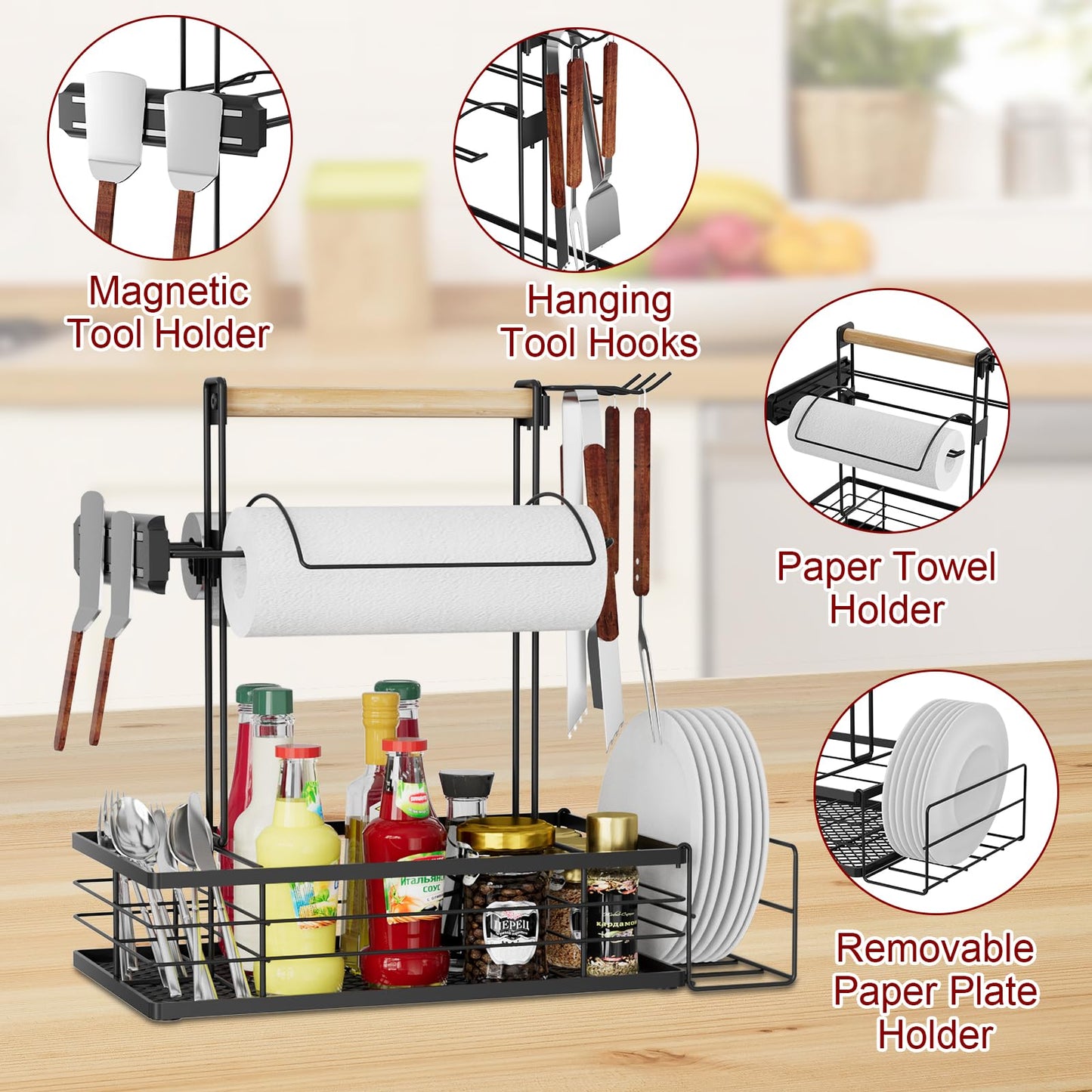 NEYCIL Grill Caddy, BBQ Caddy with Magnetic Tool & Paper Towel Holders, Picnic Utensil Condiment Caddy, Barbecue Grill Tool Organizer for Outdoor Camping, Cooking, Camper