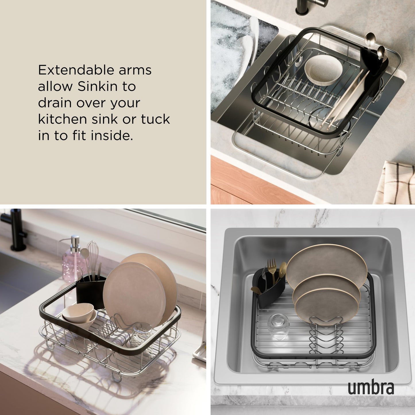 Umbra Sinkin Dish Drying Rack – Drainer with Cup Holders and Removable Cutlery Caddy – Use Over Sink, in Sink, or On Counter, Deluxe, Black/Nickel