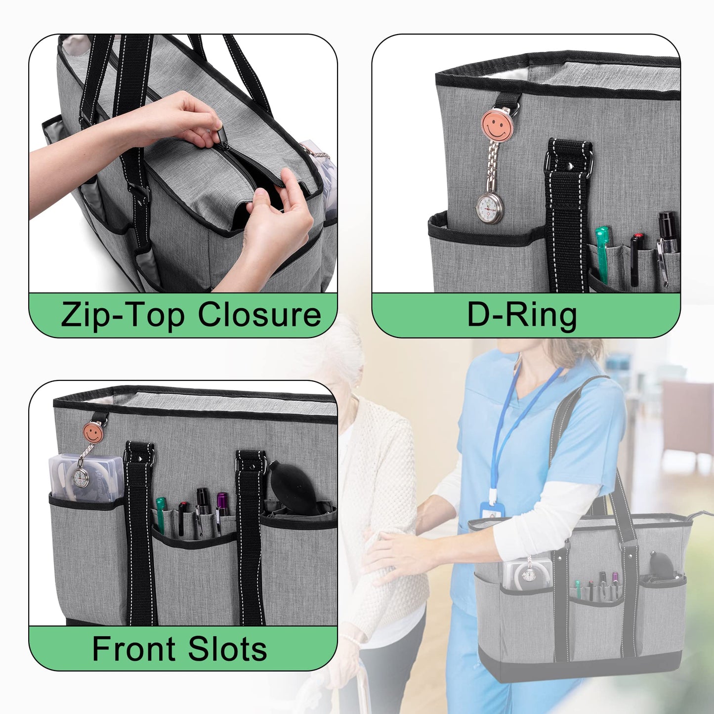 Damero Nurse Tote Bag with Padded Laptop Sleeve, Medical Nurse Utility Bag with Multiple Pockets for School, Work, Home Health Care, Gray