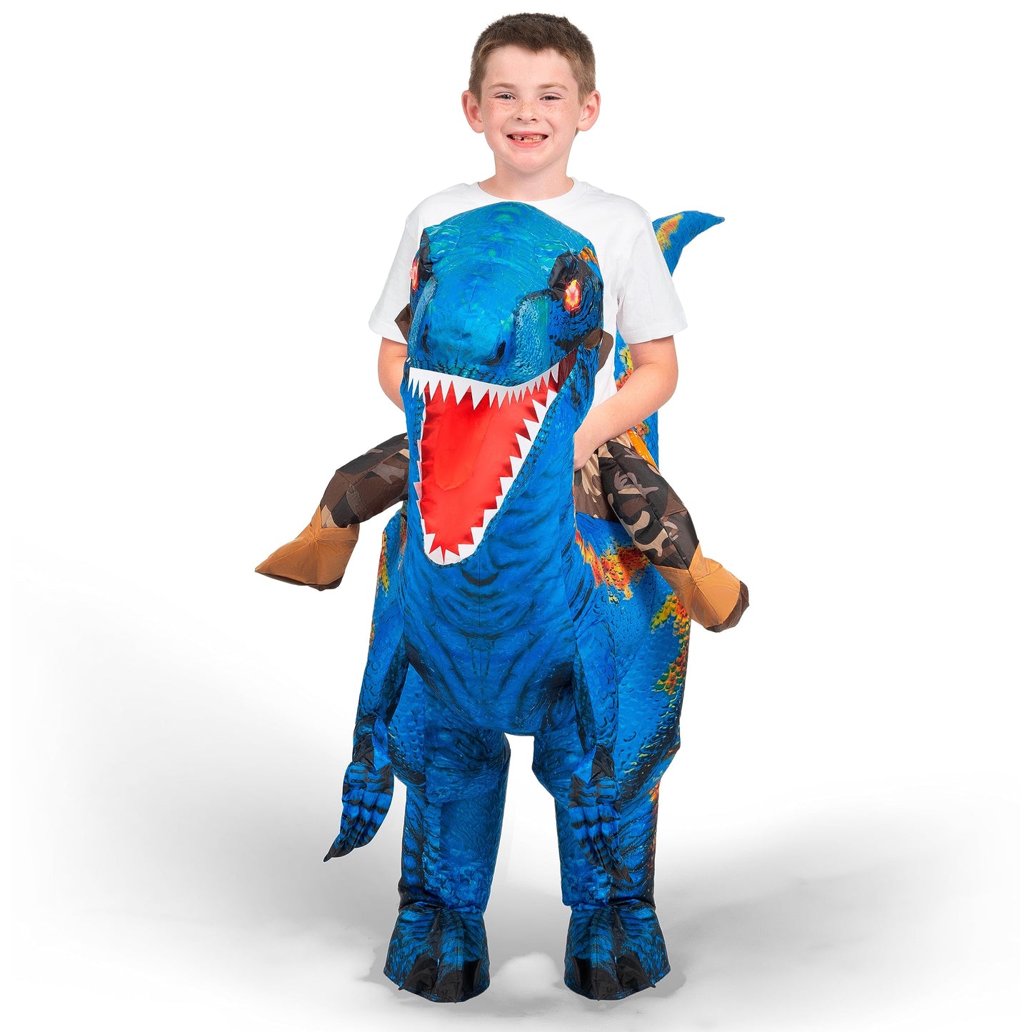 Spooktacular Creations Kids Halloween Inflatable Dinosaur Costume, LED Light Eyes Ride-on T-rex(S Blue)