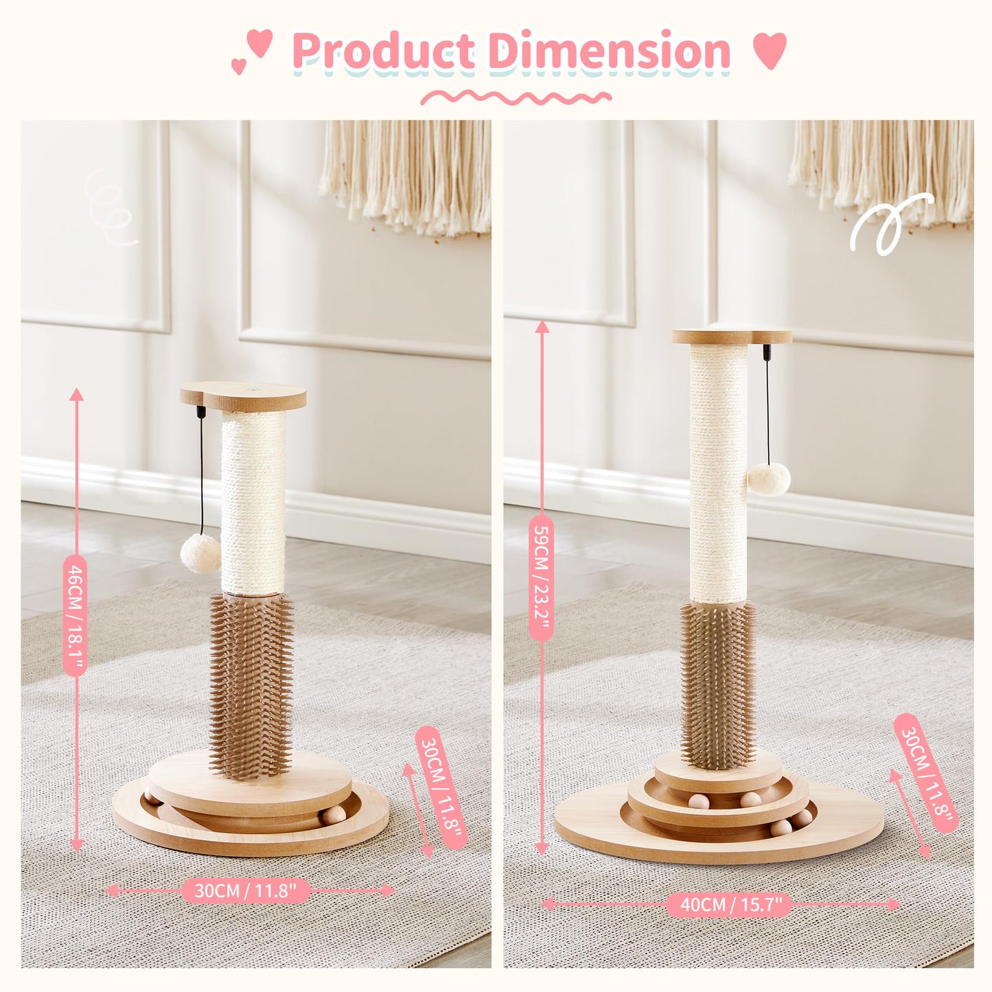 Made4Pets Wooden Cat Scratching Post with Interactive Toys & Brush Scratching Post for Indoor Cats/Kitten Toys 23" Tall Cat Scratcher with Dangling Plush Balls Modern for Medium/Small Cats