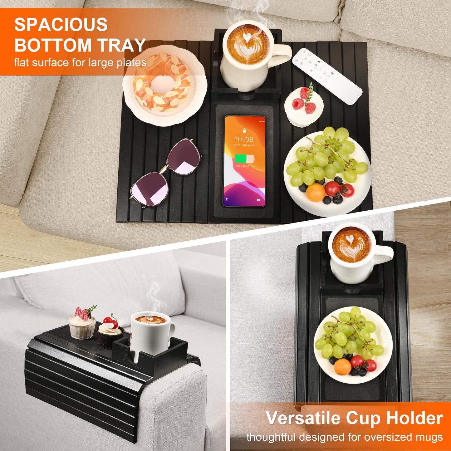 Joy&Grace Sofa Armrest Tray with Large Mug Holder, Bamboo Couch Arm Tray, Anti-Slip Couch Cup Holder Foldable Sofa Arm Table for Eating Drinks Cellphone (Color Black)