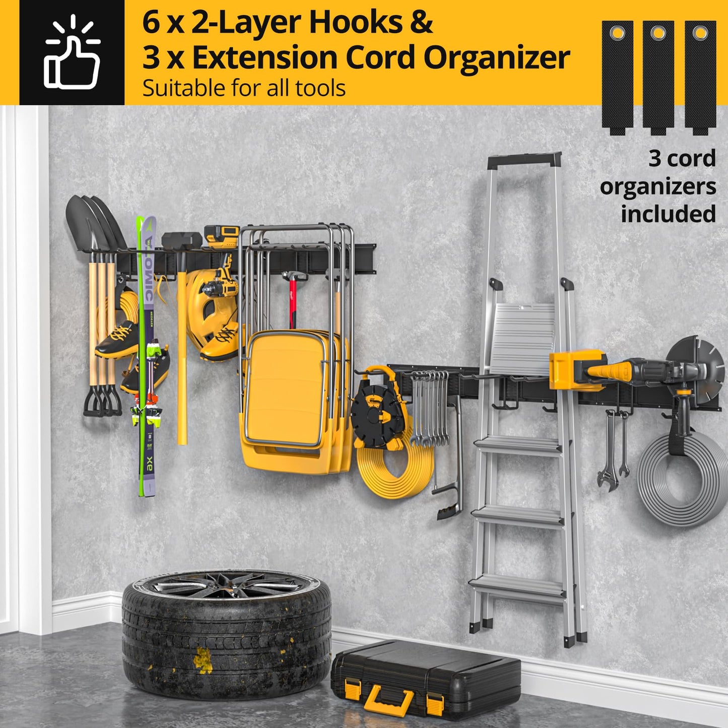Garage Storage & Garage Organization - Garage Wall Organizer with Heavy Duty Garage Hooks, 6 Double-Layer Hangers, 3 Extension Cord Straps, 48-Inch Garden Tool Organizer, 600lbs Capacity