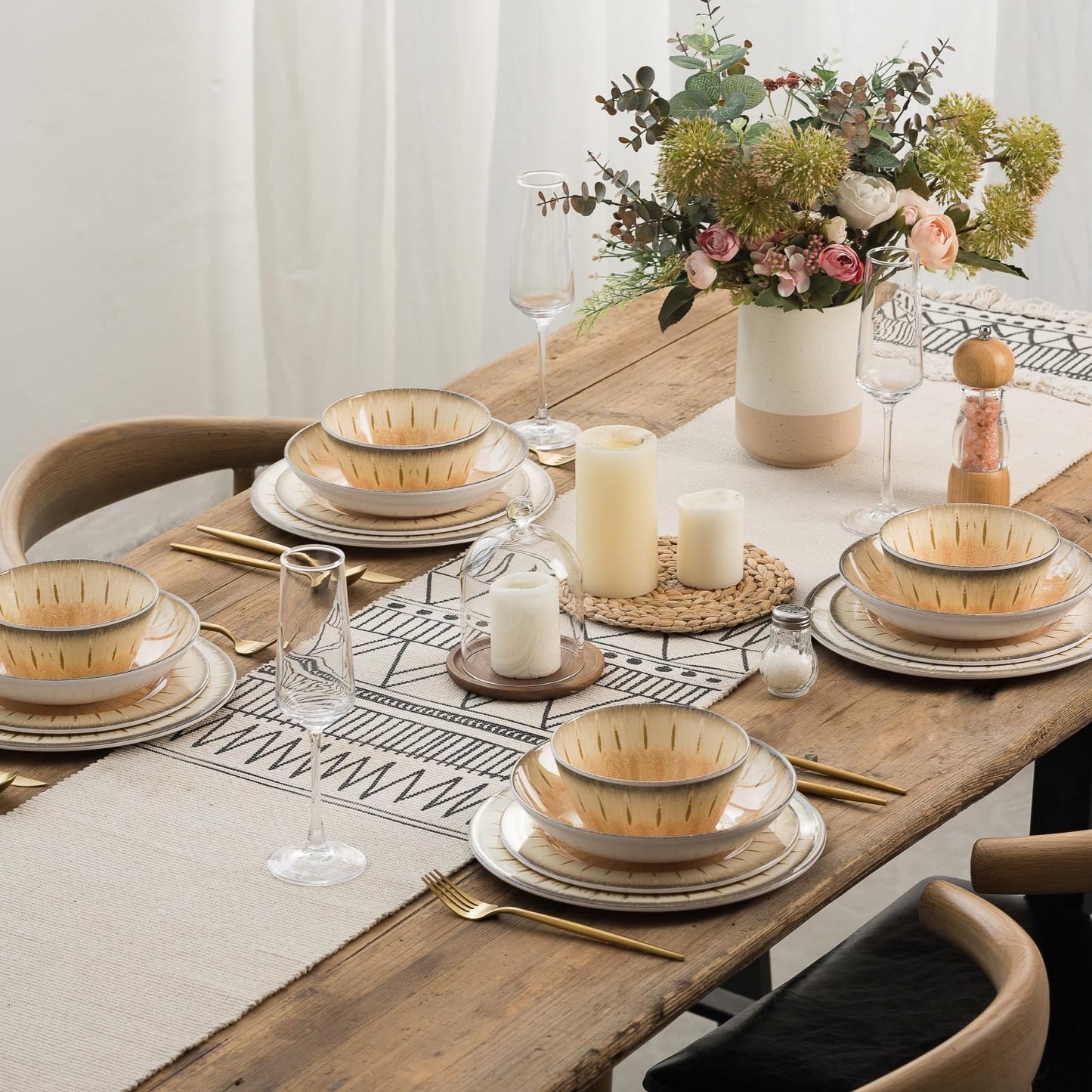 MissYip Melamine Dinnerware Set, 16 Piece for 4, Unbreakable Kitchen Plastic Plates and Bowls set, Indoor and Outdoor Use Tableware, BPA Free, Dishwasher Top Safe, Not Microwave, Not Oven(Cream)