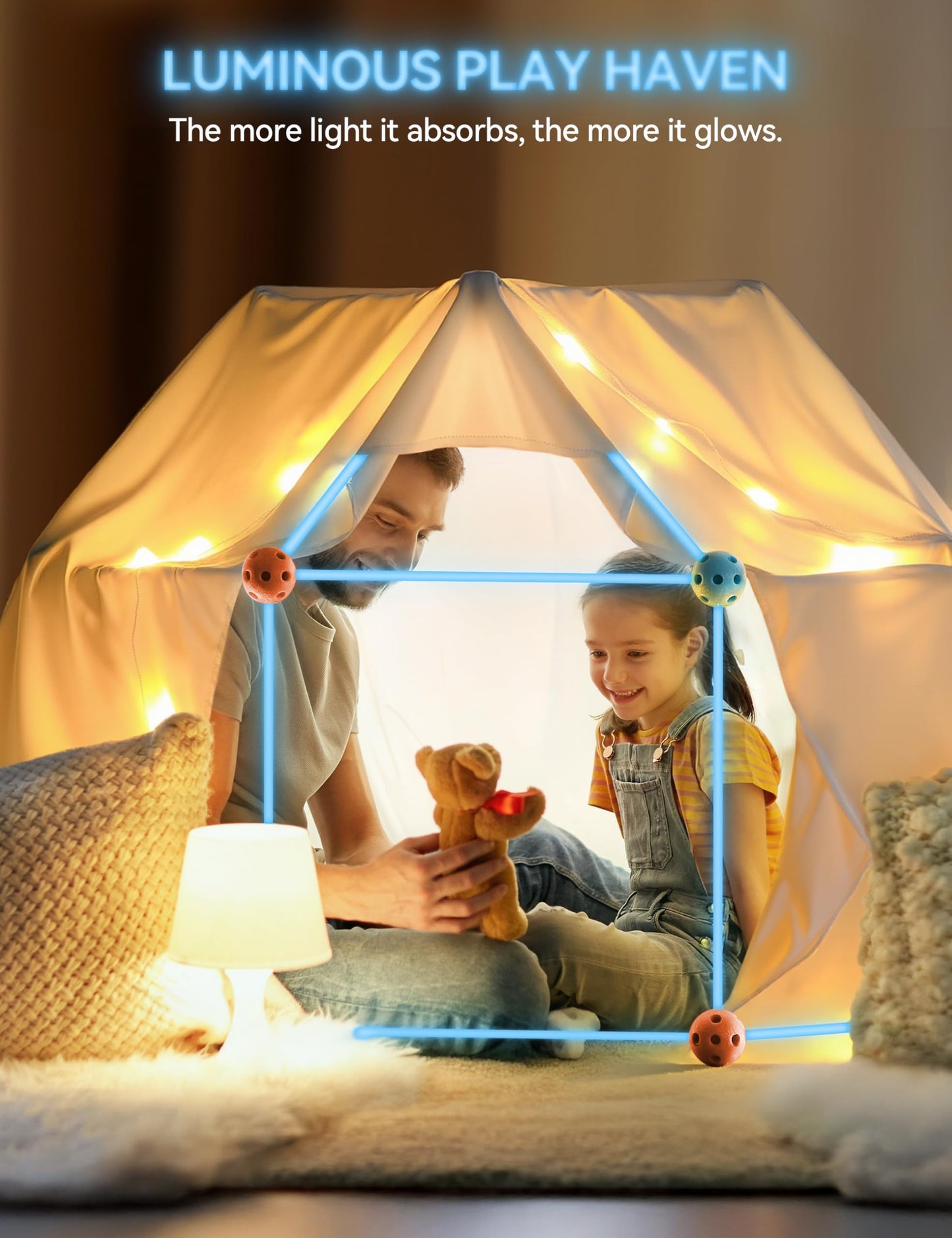 besrey Fort Building Kit for Kids with Toss Game, 133 Pcs Creative Fort Toy, STEM Construction Toy, Outdoor Play Structure, Kids Outdoor Toys,DIY Play Tent Tunnel (Blue Nightglow)