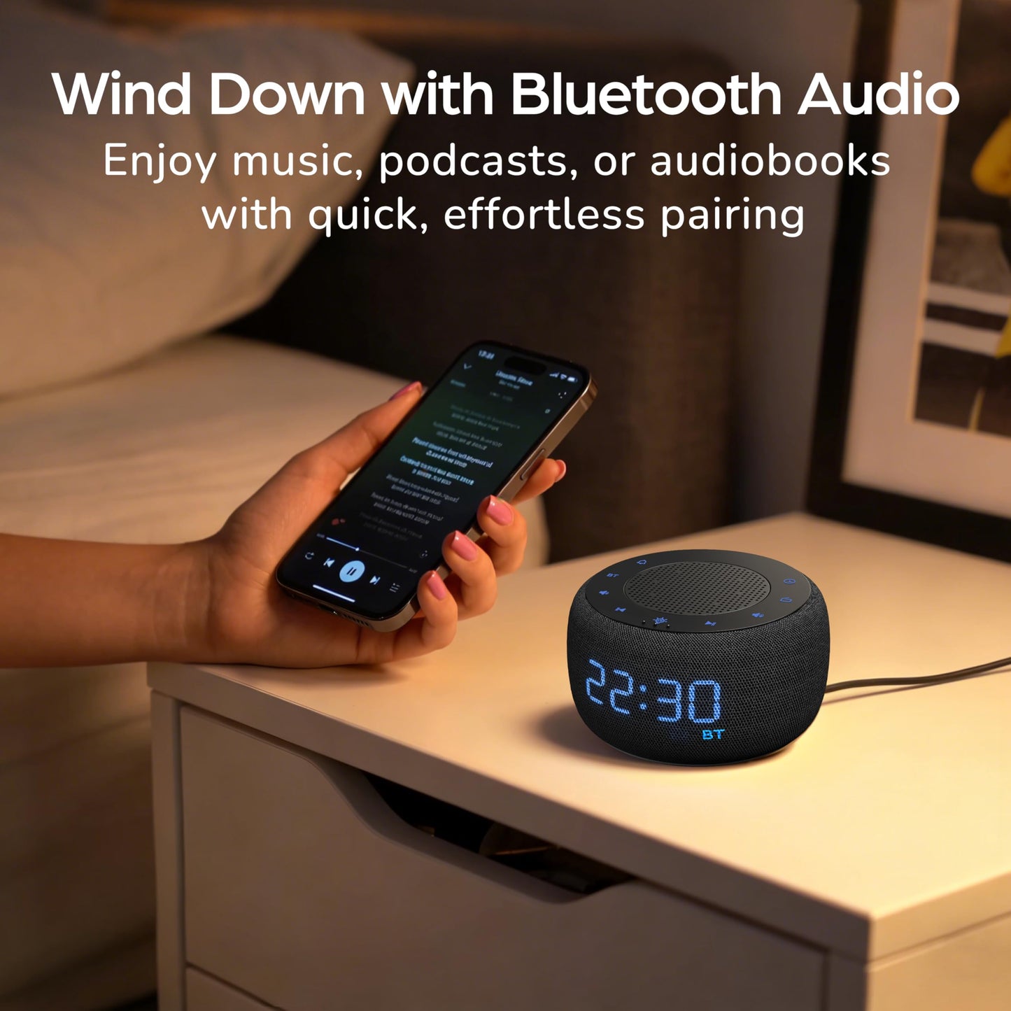 BUFFBEE Bluetooth Speaker Alarm Clock with FM Radio - High Fidelity Sound, Full Range Dimmer, Plugged in Alarm Clock Radio for Bedroom