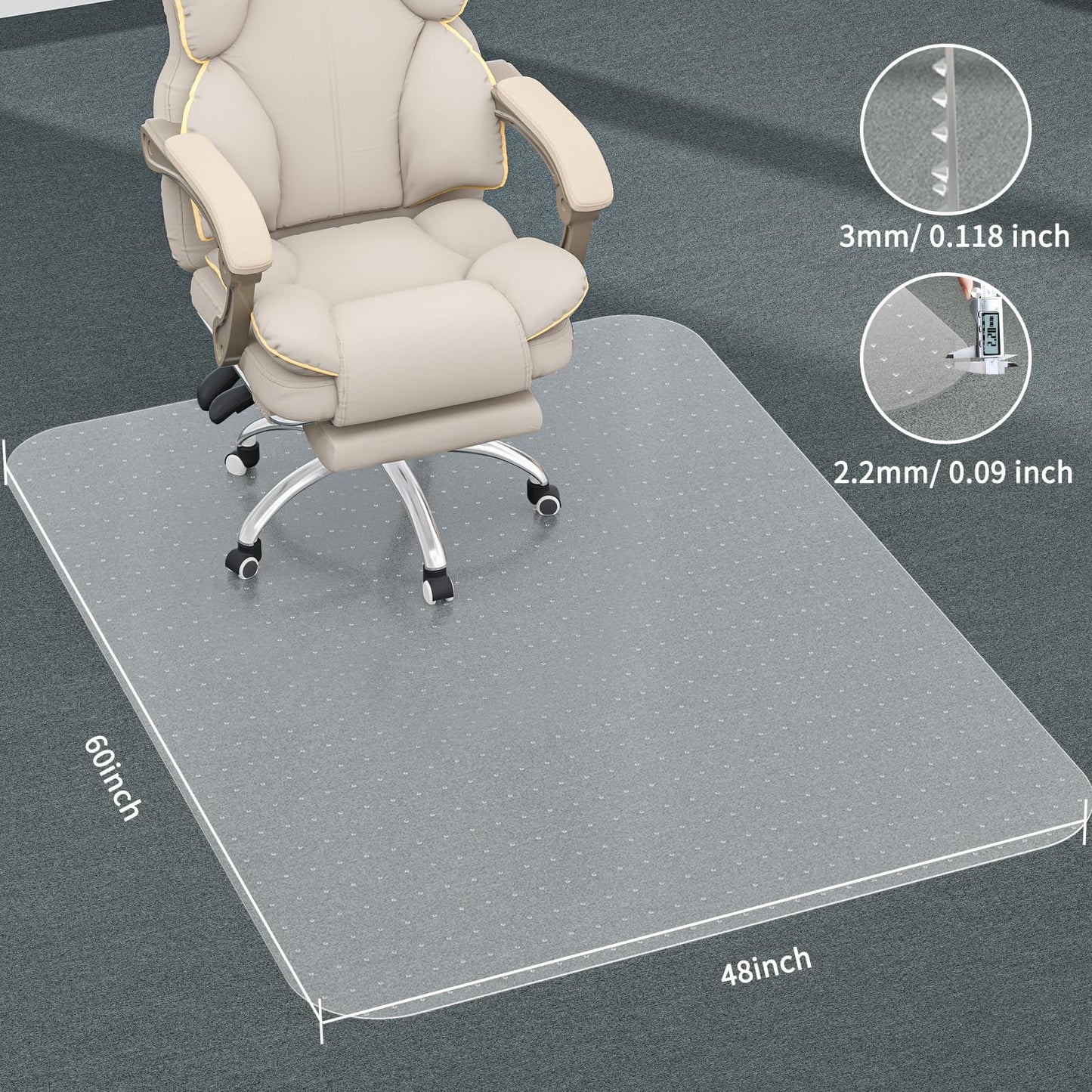 MESHDO Office Chair Mat for Carpet, 48" X 60" X 0.09" Clear PVC Carpet Chair Mat with Non-Slip Studded for Home and Office Low Pile Carpets