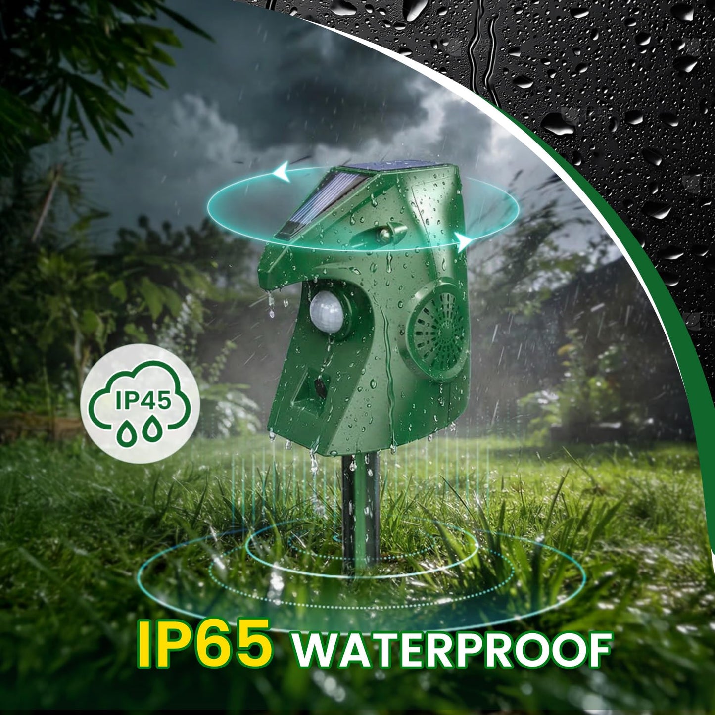Ultrasonic Animal Repellent Outdoor, Solar Power Cat Rodent Raccoon Repeller, Squirrel Skunk Control Device with Motion Sensor and FIashing Light, Waterproof Rabbt Snake Deterrent for Outdoor