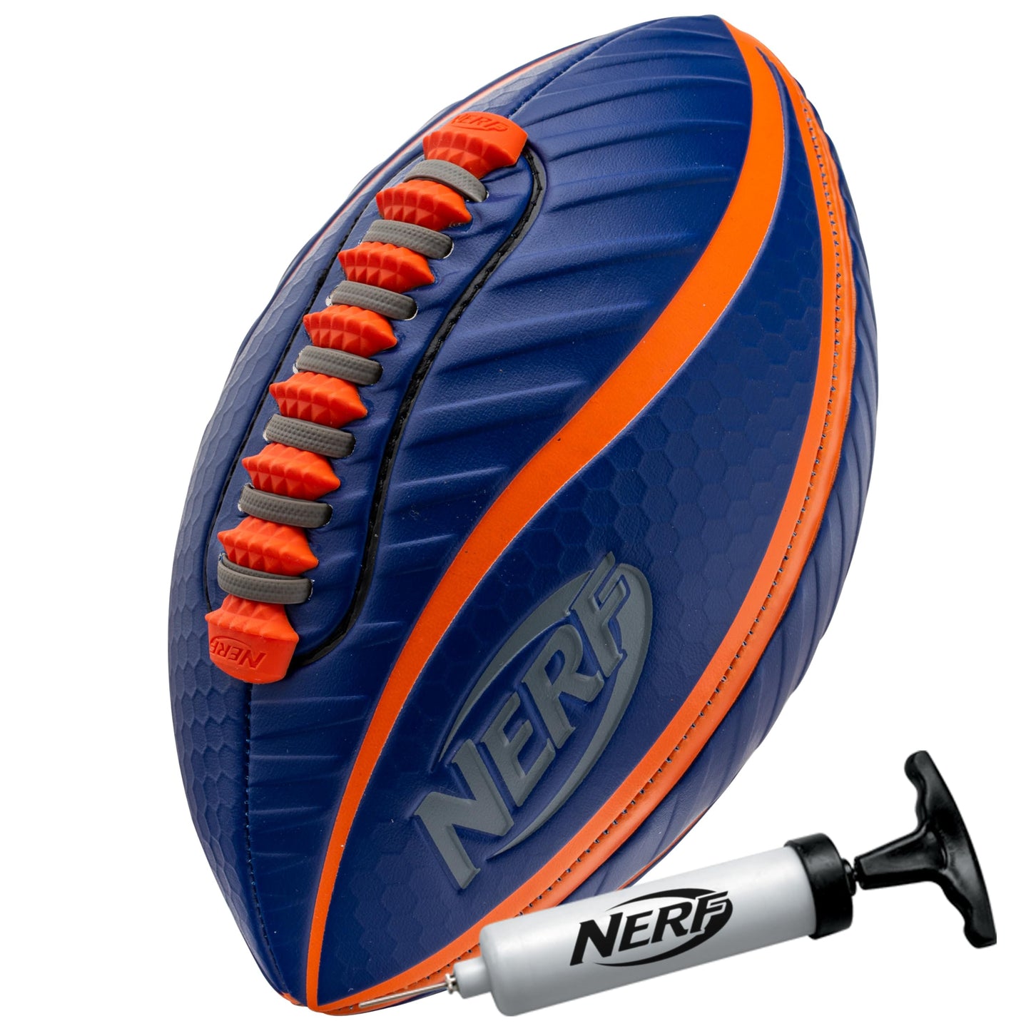 NERF Spiral Grip Mini Football - Patented Spacelace for Ultimate Spirals - Machine Stitched Construction - Pump Included,Blue/Orange, Mini 8.5"