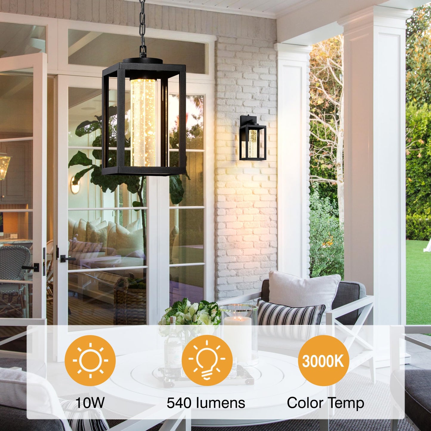 VIANIS Outdoor Pendant Lights for Porch, Aluminum Outdoor Hanging Light Fixture with Adjustable Chain, Black Modern Exterior Hanging Light with Built-in 10W LED, Waterproof Outdoor Porch Chandelier