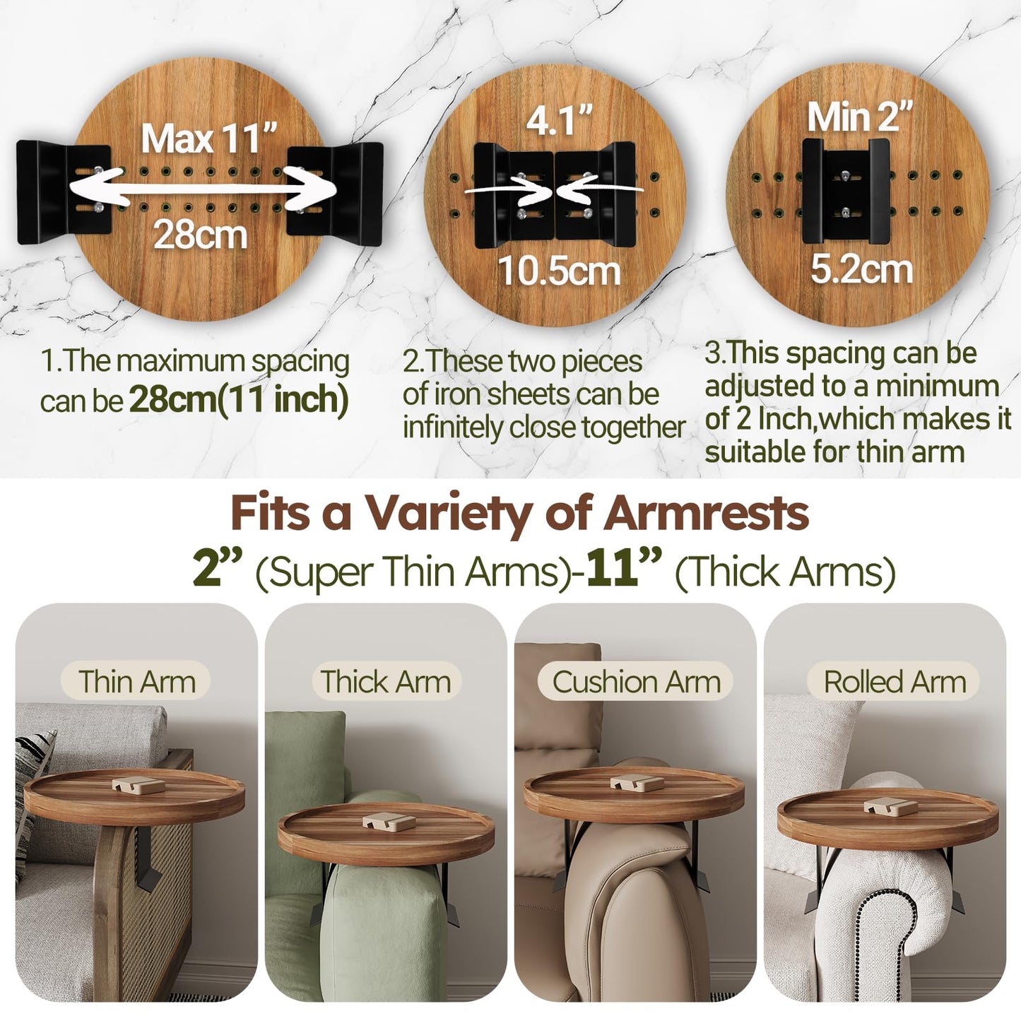 Semjar Acacia Wood Couch Arm Table,Adjustable Round Sofa Arm Tray,Wooden Chair Armrest Tables for Wide Thin Couches Arms,Trayble Couch Companion Armchair Table for Eating