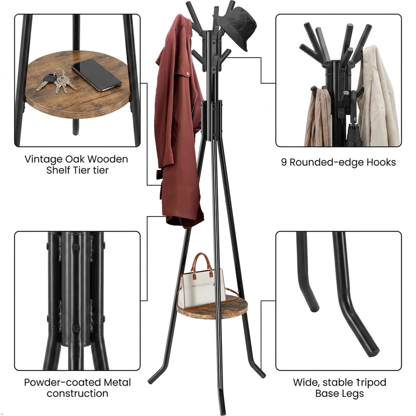 Simple Houseware Freestanding Coat Rack With Shelf, 9 hooks, Black