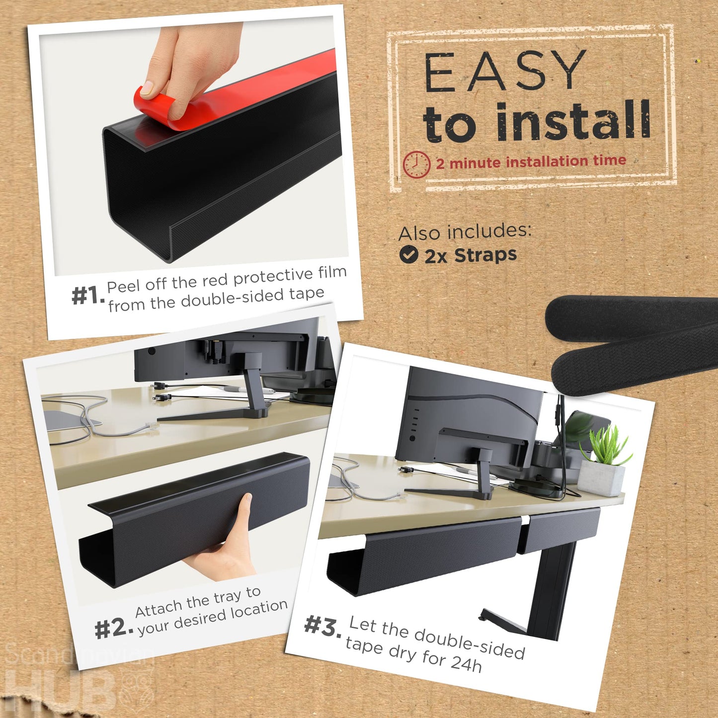 No-Screw Under Desk Cable Management Tray - Self-Adhesive Installation, Cable Management, Cable Management Under Desk, Desk Wire Management, Cable Tray, Under Desk Cable Organizer - Set of 2
