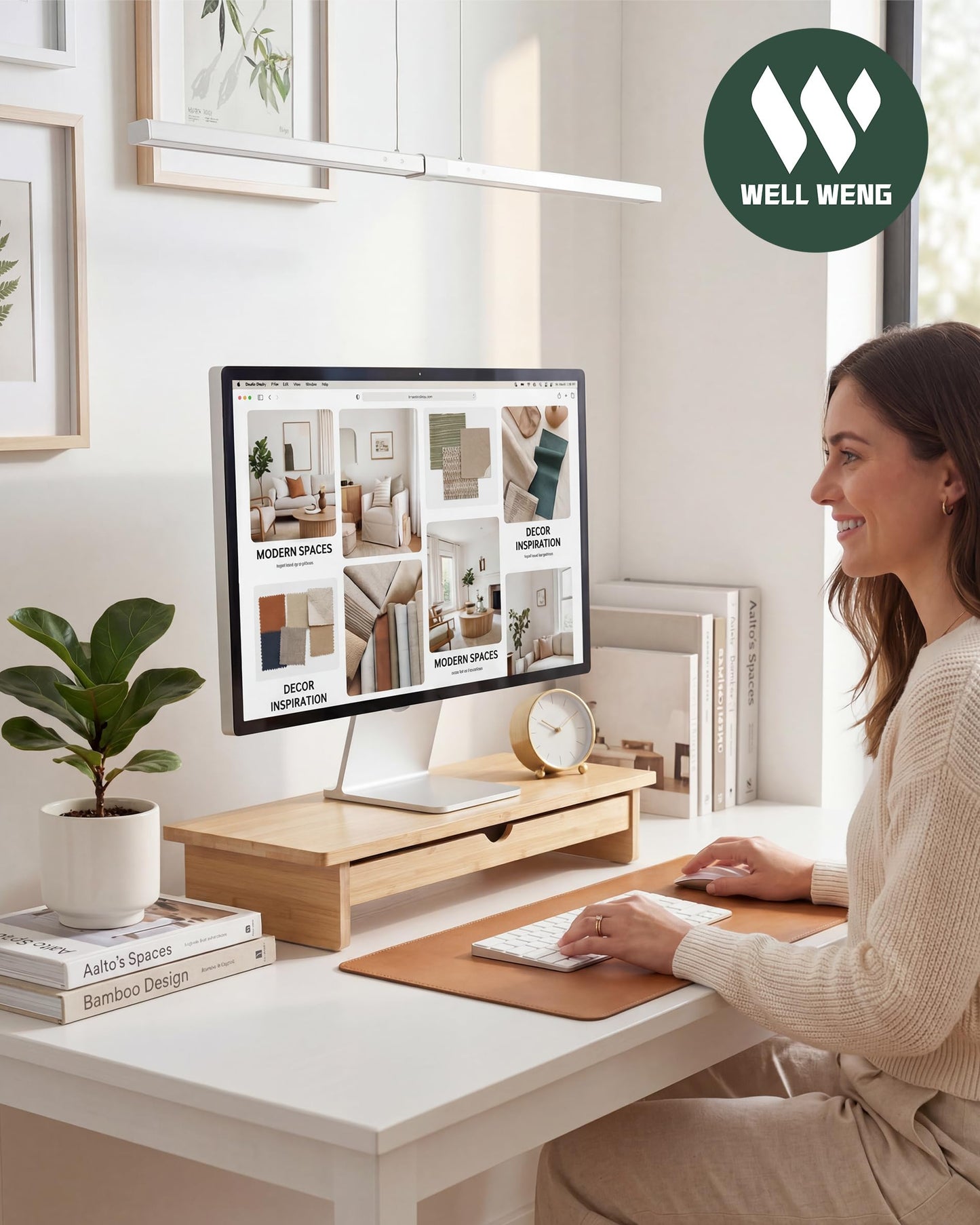 WELL WENG Bamboo Monitor Stand with Large Storage Drawer,23 Inch Ergonomic Computer Riser for Desk, Holds Up to 220lbs, Screen Shelf with 5 Compartments for Keyboard & Stationery Organization