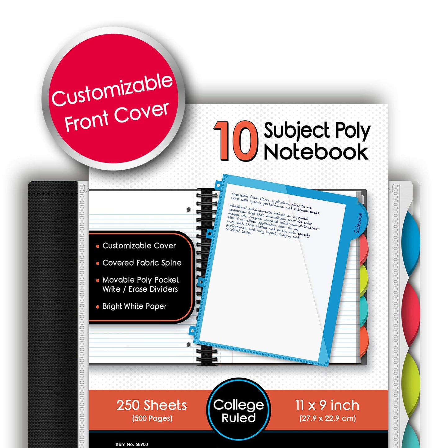 IQ+ iScholar Poly Cover 10 Subject Notebook, College Ruled, 11 x 8.5 Inch, 250 Sheets, Black (58900-BK)